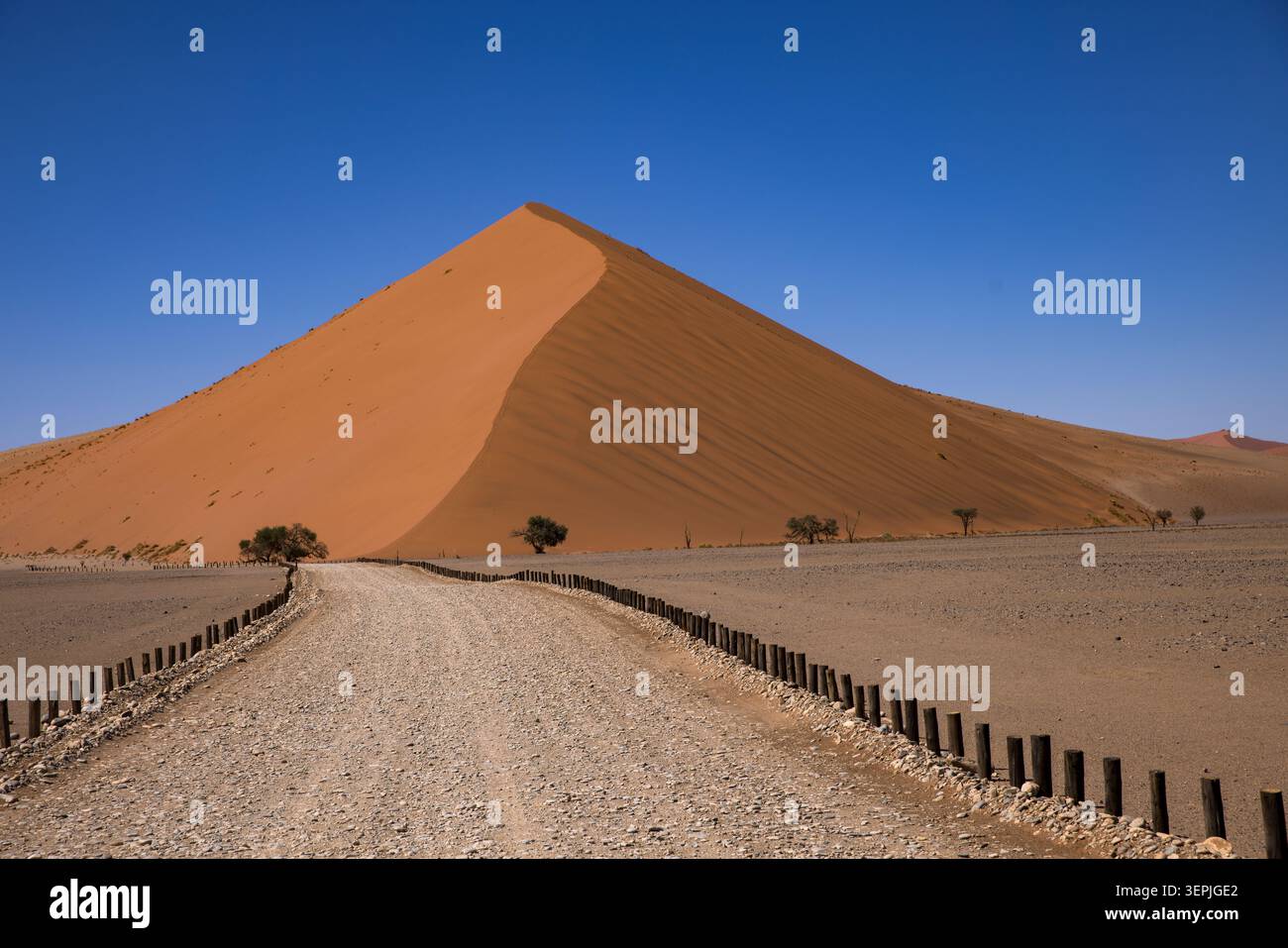 La strada di ghiaia conduce a un'enorme duna di sabbia arancione Foto Stock