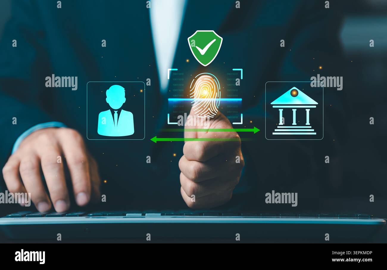 Scansione biometrica delle impronte digitali per l'autenticazione bancaria sicura, la verifica dell'identità e il concetto di protezione dell'accesso ai database per la sicurezza informatica W Foto Stock
