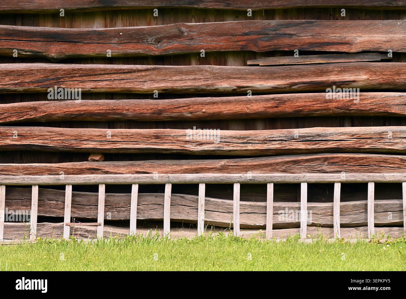 Sfondo di una parete rustica in legno con tronchi orizzontali irregolari, scala ed erba verde Foto Stock