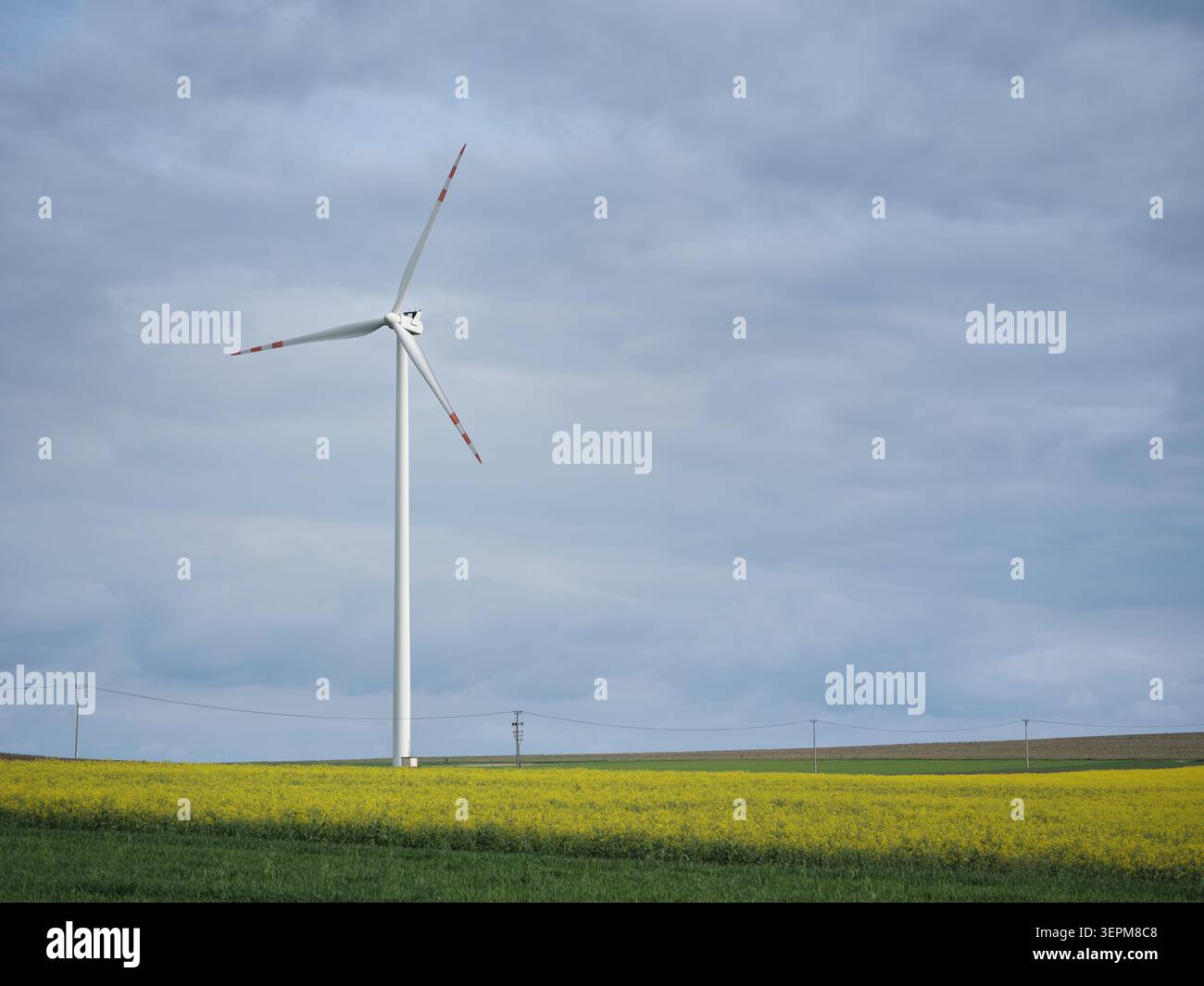 Turbina eolica nei campi agricoli sotto il cielo nuvoloso, che mostra energia rinnovabile in un paesaggio rurale Foto Stock