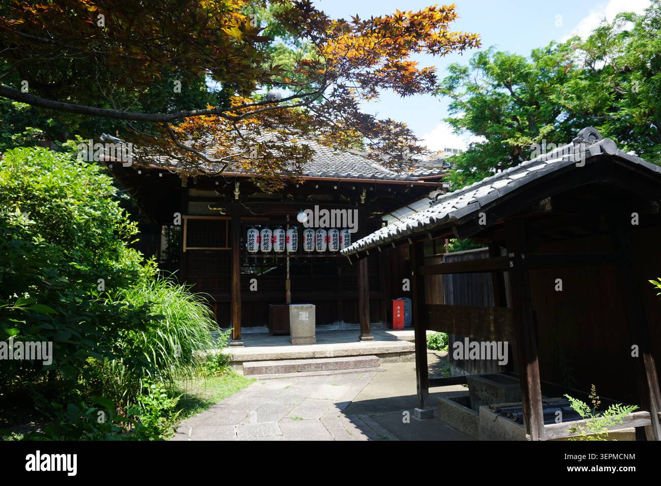 Tempio To-ji (Kyoto, Giappone) contro un cielo blu brillante con nuvole bianche. Edificio tradizionale giapponese in legno nel complesso del tempio Foto Stock