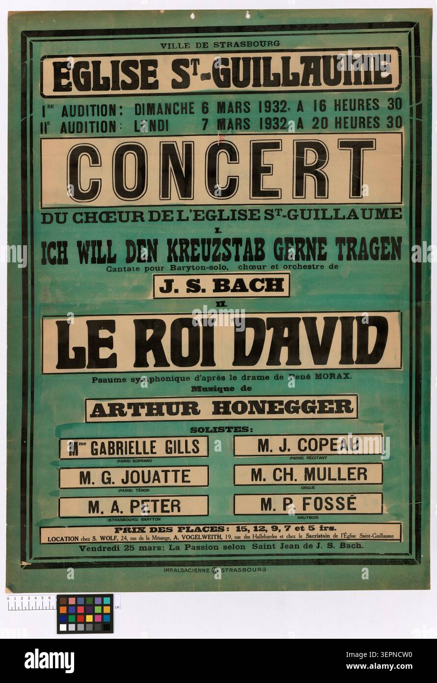 Un poster di concerto litografico annuncia una performance di Strasburgo del 1932 alla chiesa di Saint Guillaume con le ROI David di Arthur Honegger e una cantata di Bach sotto Fritz Munch, che riflette la programmazione di musica sacra e corale tra le due guerre in Alsazia. Foto Stock