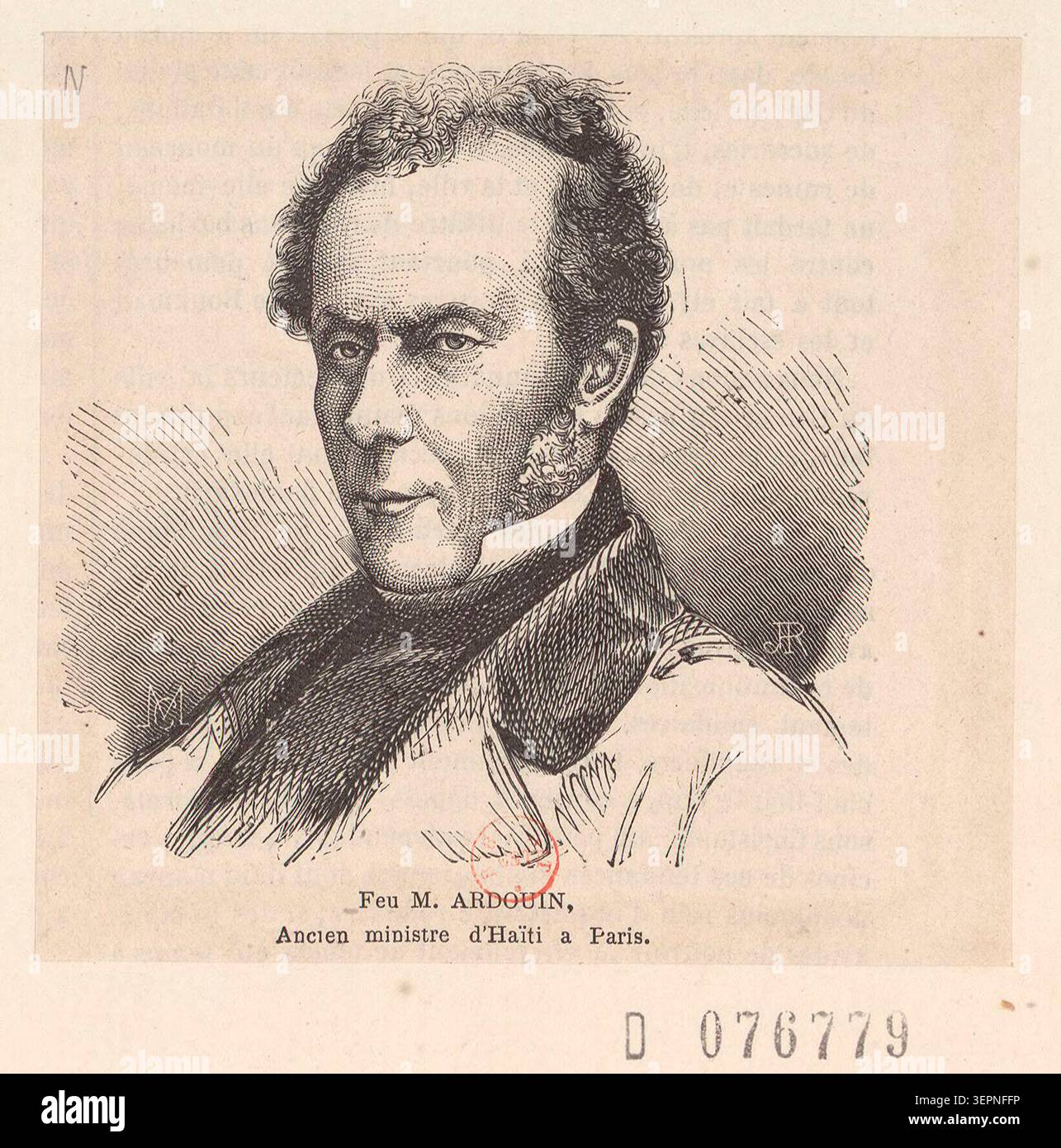 L'incisione presenta Beaubrun Ardouin, storico haitiano e scrittore politico, in una composizione ritrattistica formale allineata all'iconografia intellettuale del XIX secolo, enfatizzando l'autorità accademica, l'eredità scritta e la rappresentazione dignitosa all'interno delle tradizioni della biografia storica. Foto Stock