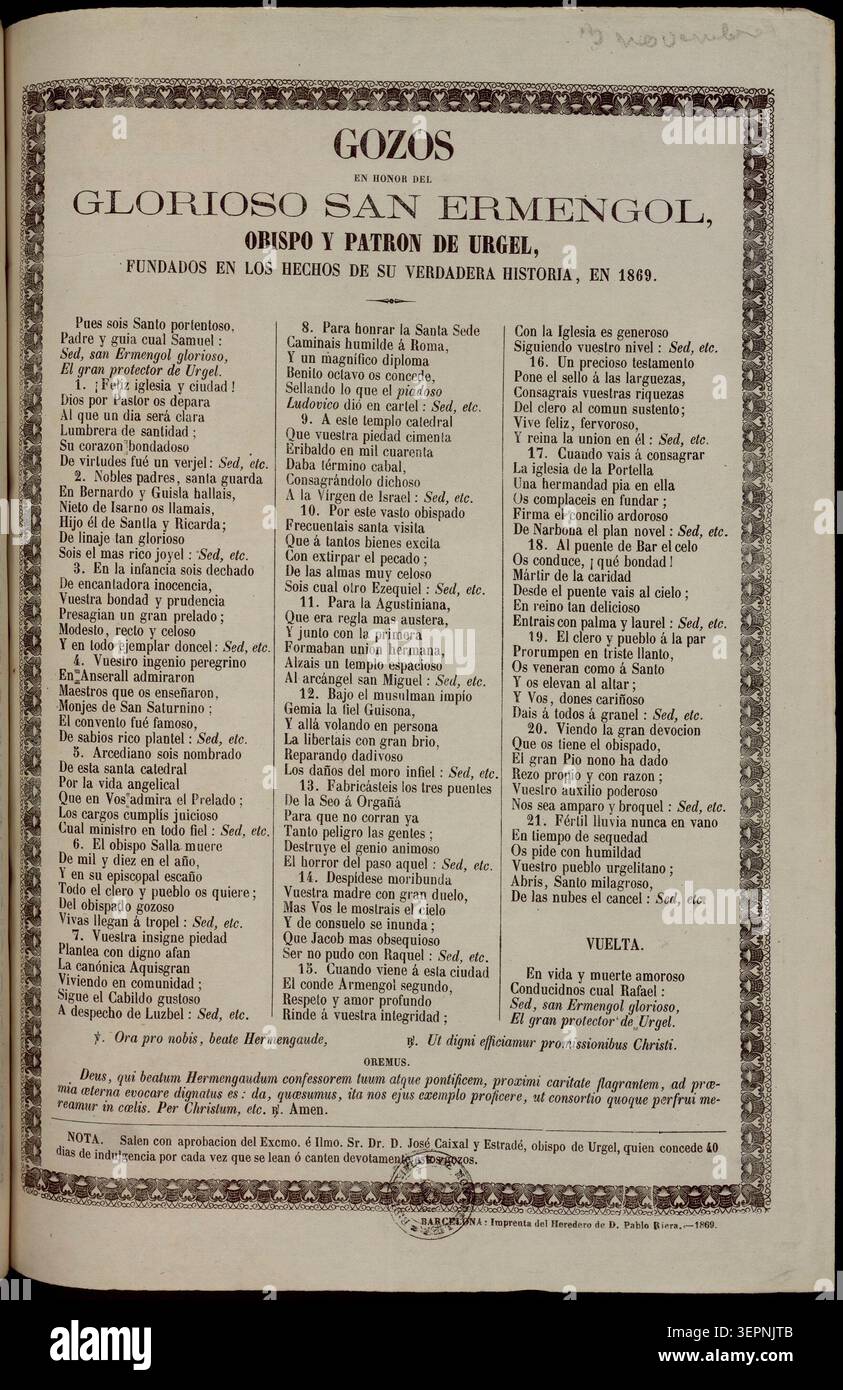 Incisione che presenta inni devozionali in onore di Sant'Ermengolo, vescovo e patrono di Urgell, strutturata nel 1869 intorno ad episodi della sua vita e miracoli all'interno della tradizione religiosa catalana e della devozione liturgica. Foto Stock