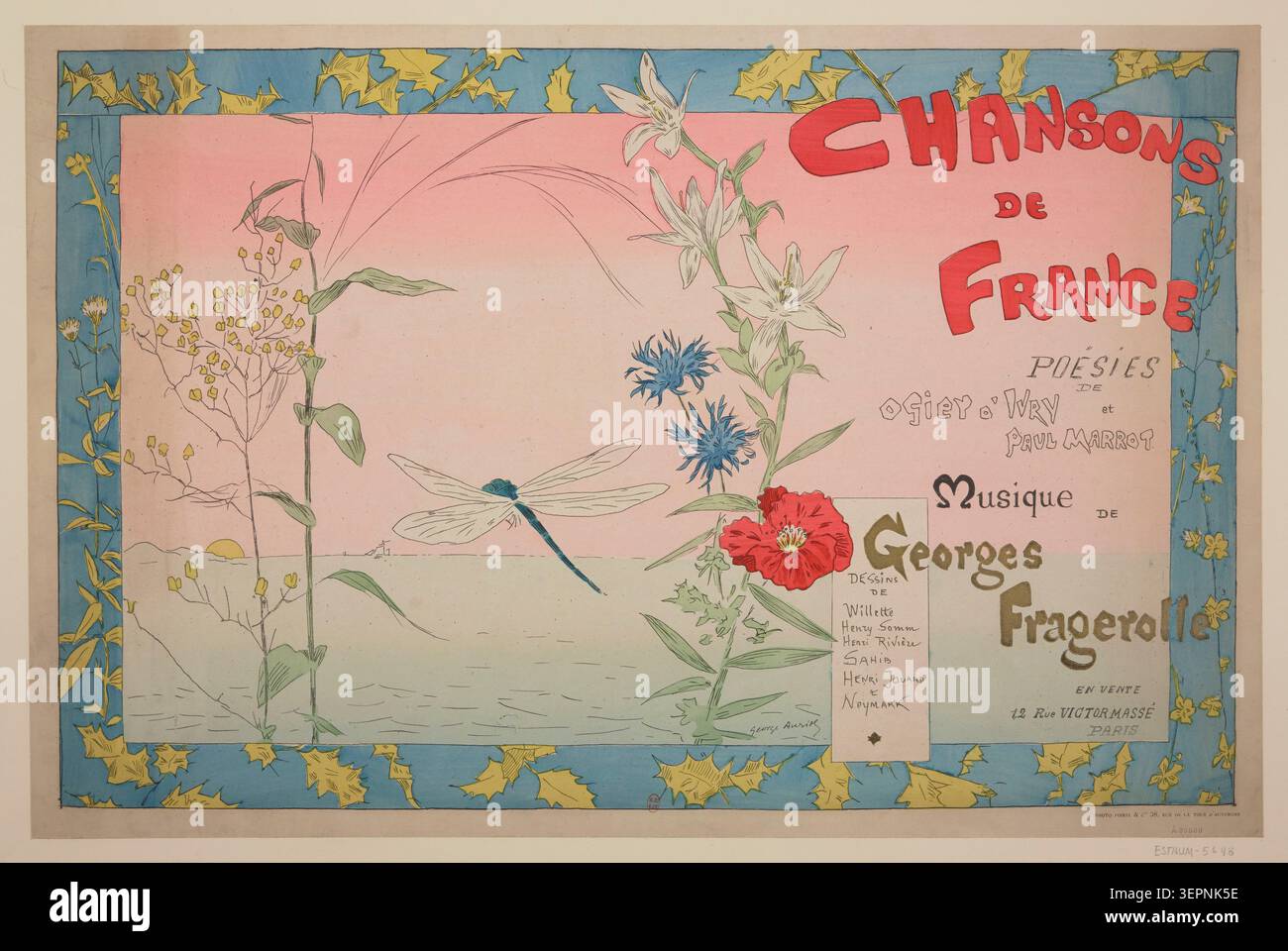 Una copertina illustrata di George Auriol presenta motivi floreali e insetti in una composizione Art Nouveau per una collezione di canzoni francesi che riflette l'estetica decorativa editoriale e il simbolismo della natura a Parigi nel 1890. Foto Stock