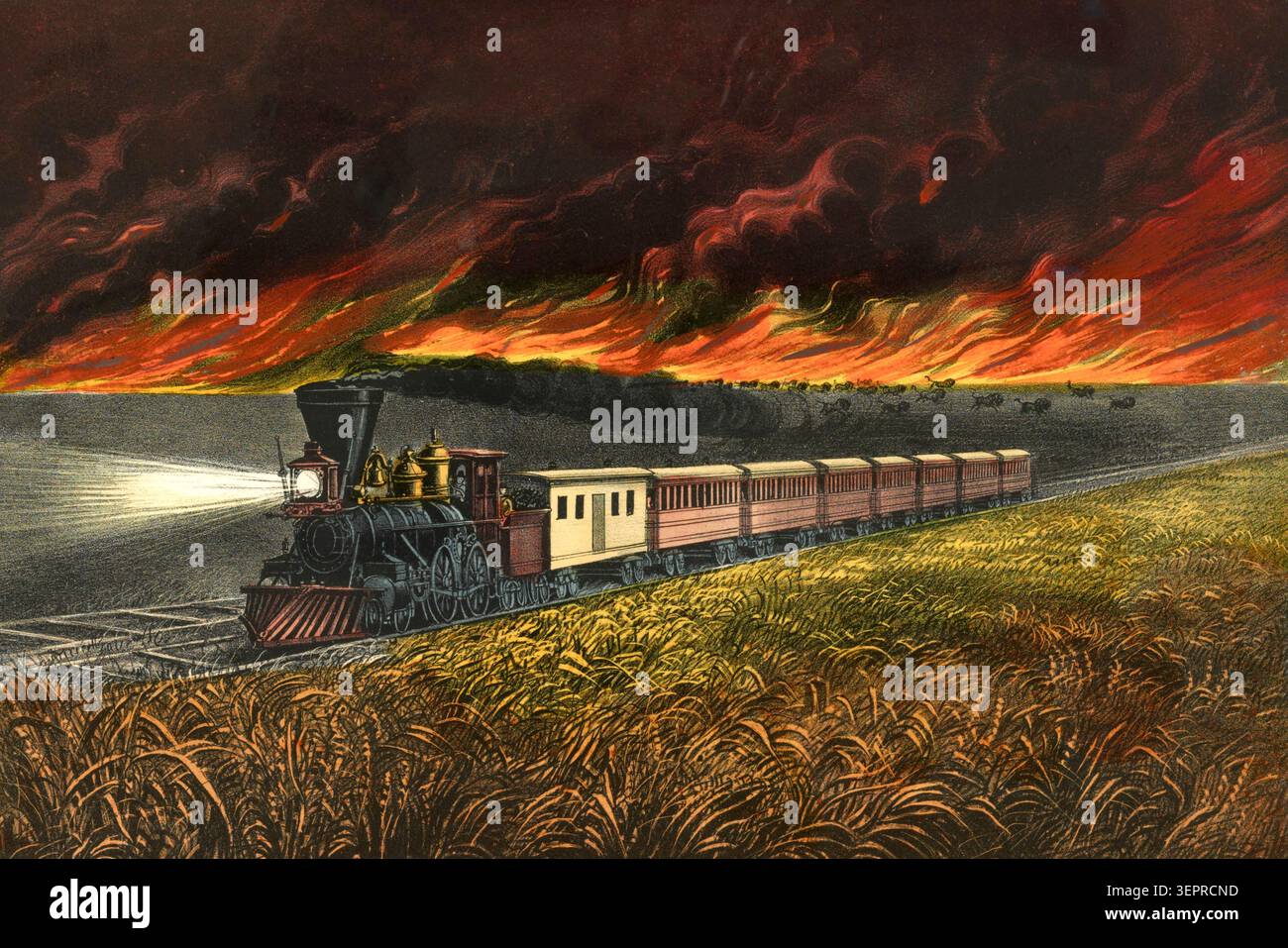 Prairie Fire, Train on Railway, American West, Currier & Ives, Vintage Illustration, 1872 Foto Stock