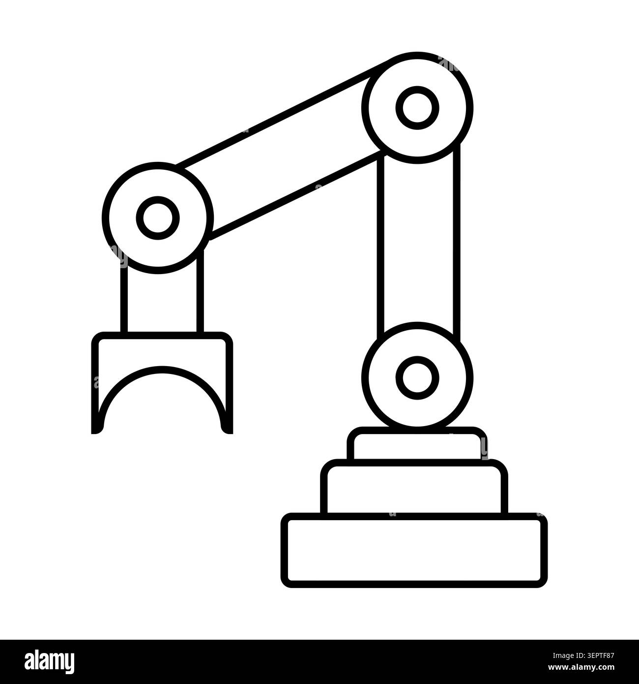 Braccio del robot. Macchina di assemblaggio meccanizzata. Illustrazione della linea vettoriale per l'automazione industriale, la produzione di robotica, le apparecchiature. Illustrazione Vettoriale