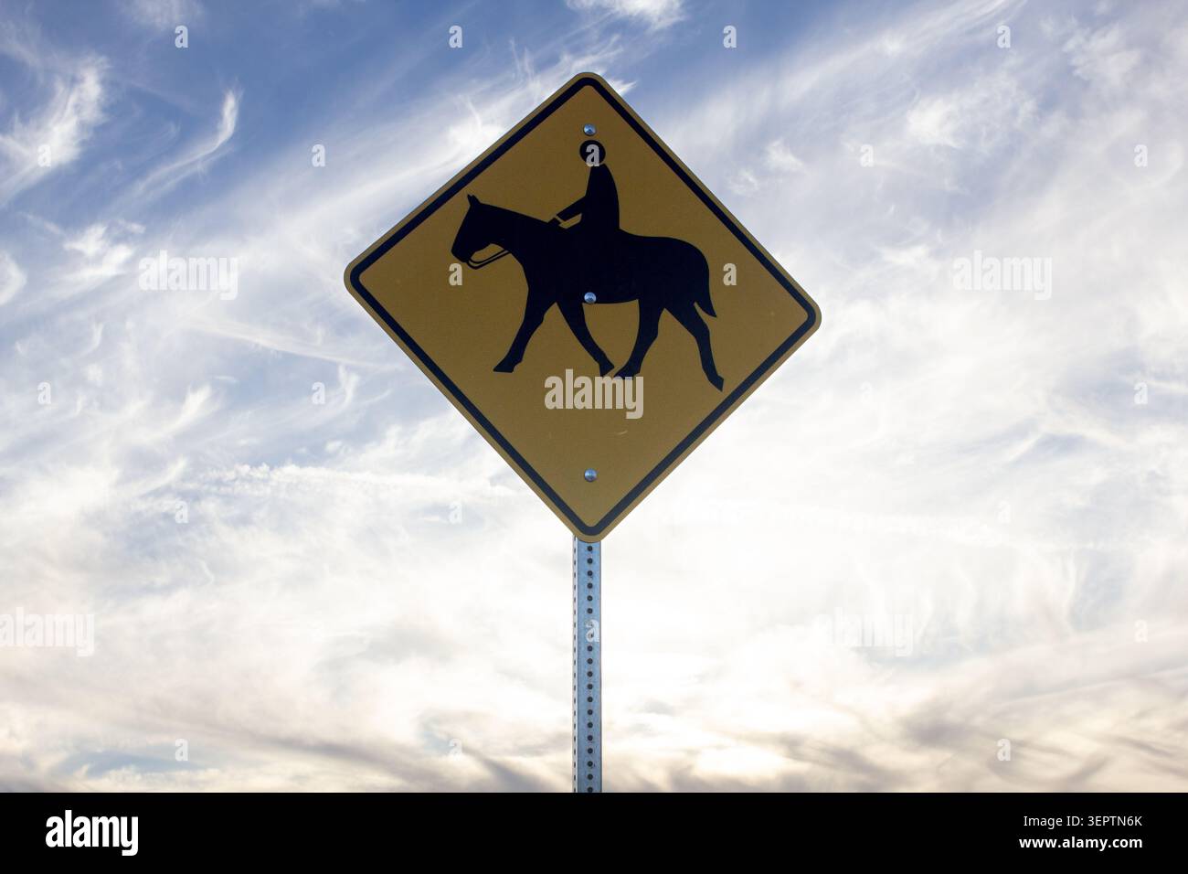 Il cartello giallo avverte i cavalieri che precedono. La silhouette mostra il cavaliere in cima a un cavallo che cammina Foto Stock