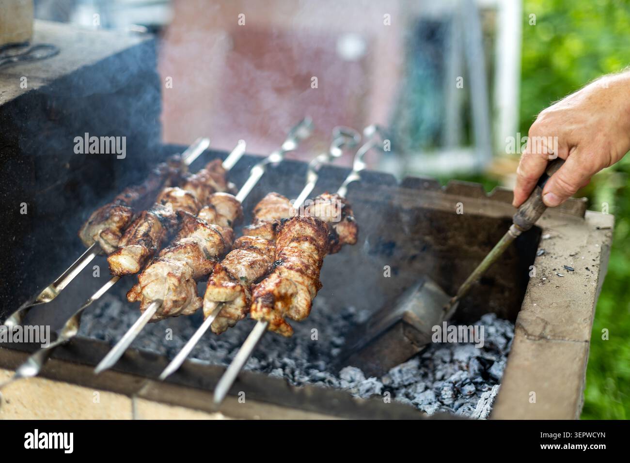 Spiedini di carne alla griglia che fumano su carbone caldo. Spiedini di metallo ripieni di pezzi dorati di carne alla griglia riposano su carbone scintillante in un rustico Foto Stock