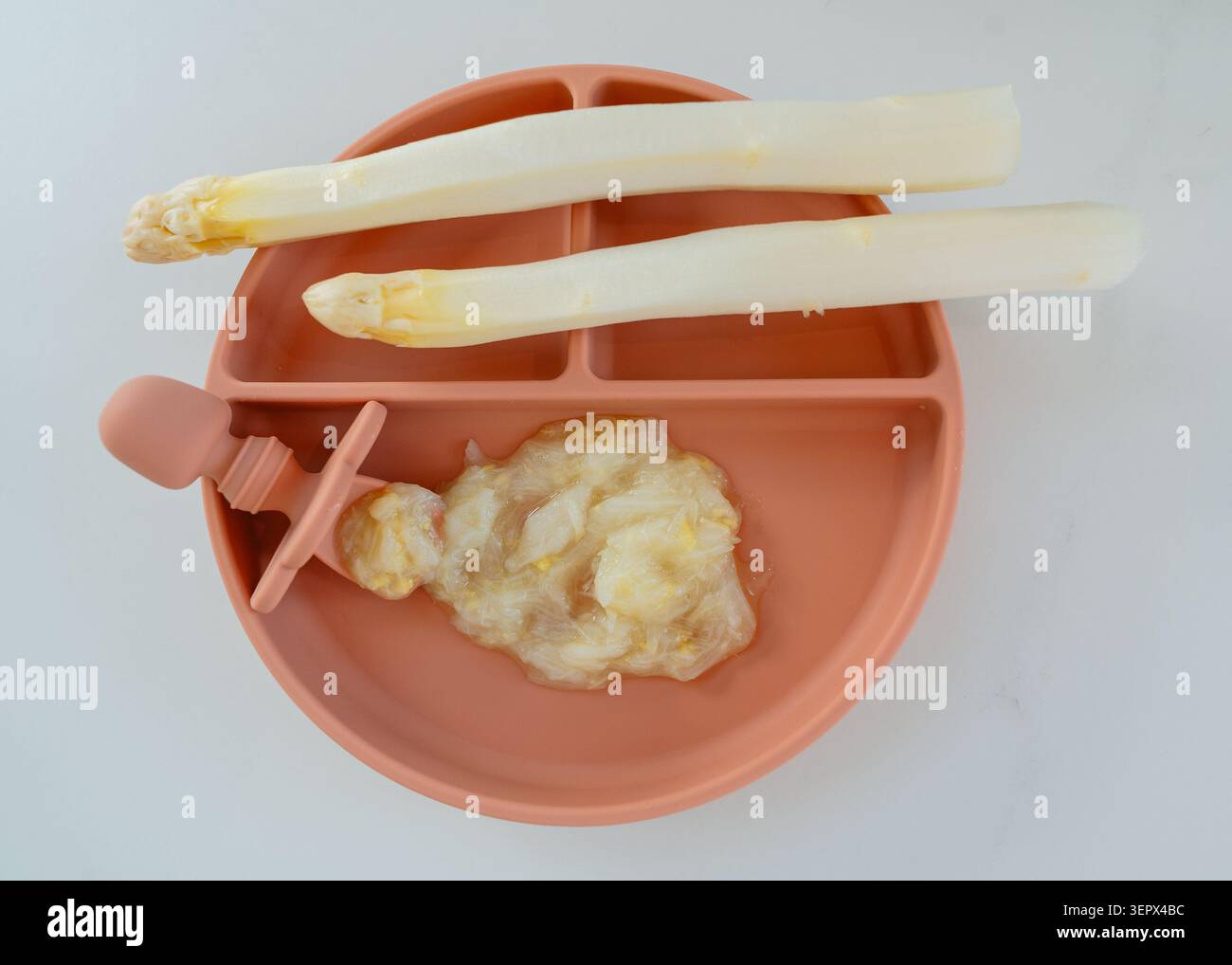 Foto da studio ad angolo alto di gambi di asparagi bianchi bolliti e purea di verdure servite in un piatto di silicone rosa sezionato con un cucchiaio. Sano Foto Stock