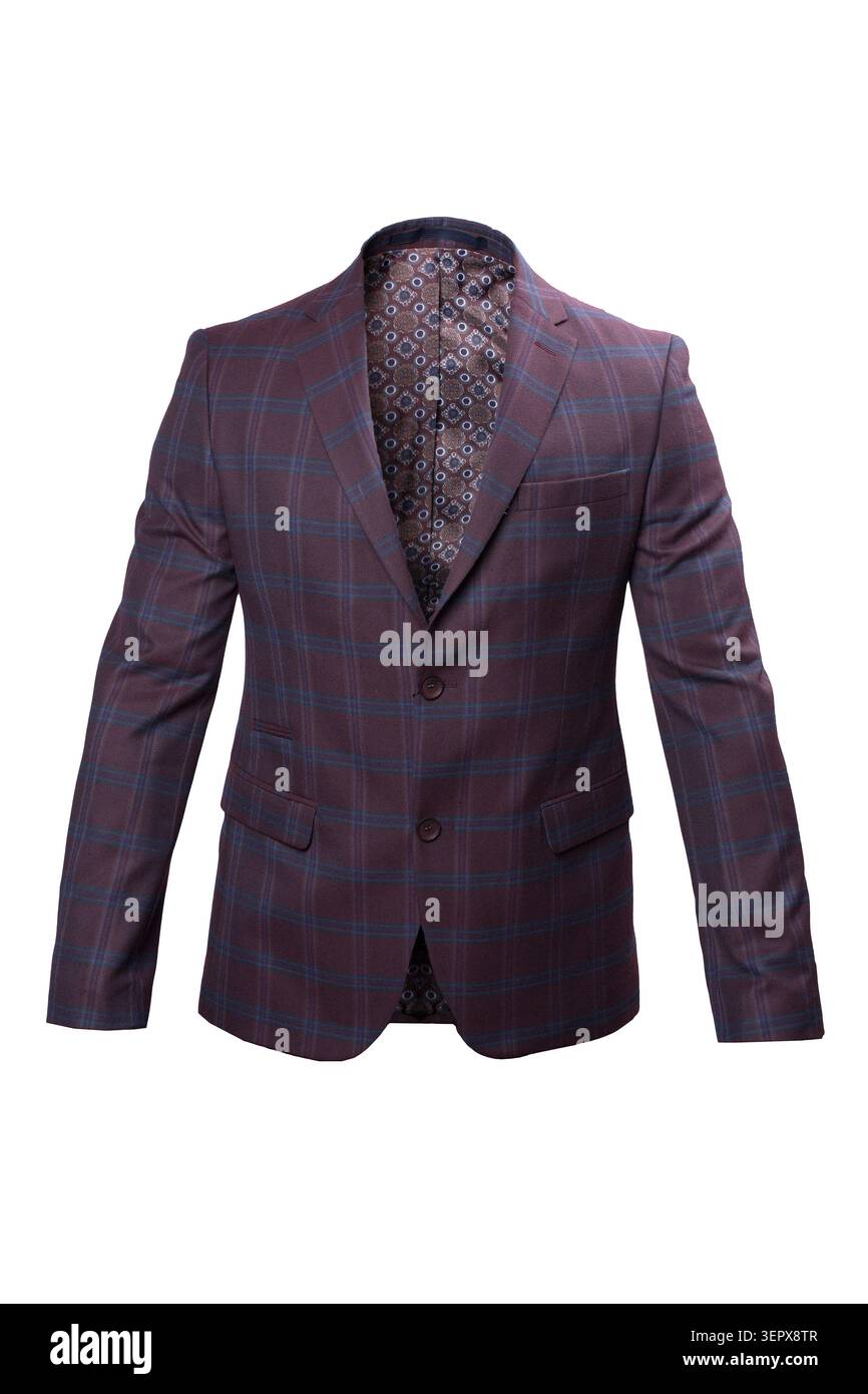 Elegante blazer da uomo a quadri Bordeaux con fodera a motivi geometrici Foto Stock