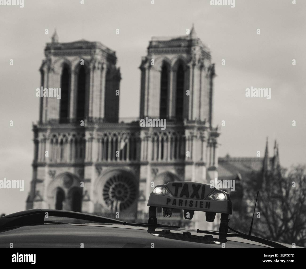Cartello sul tetto dei taxi di Parigi con la cattedrale e il cielo sfocati di Notre Dame, documentari in bianco e nero sulla fotografia di strada Foto Stock