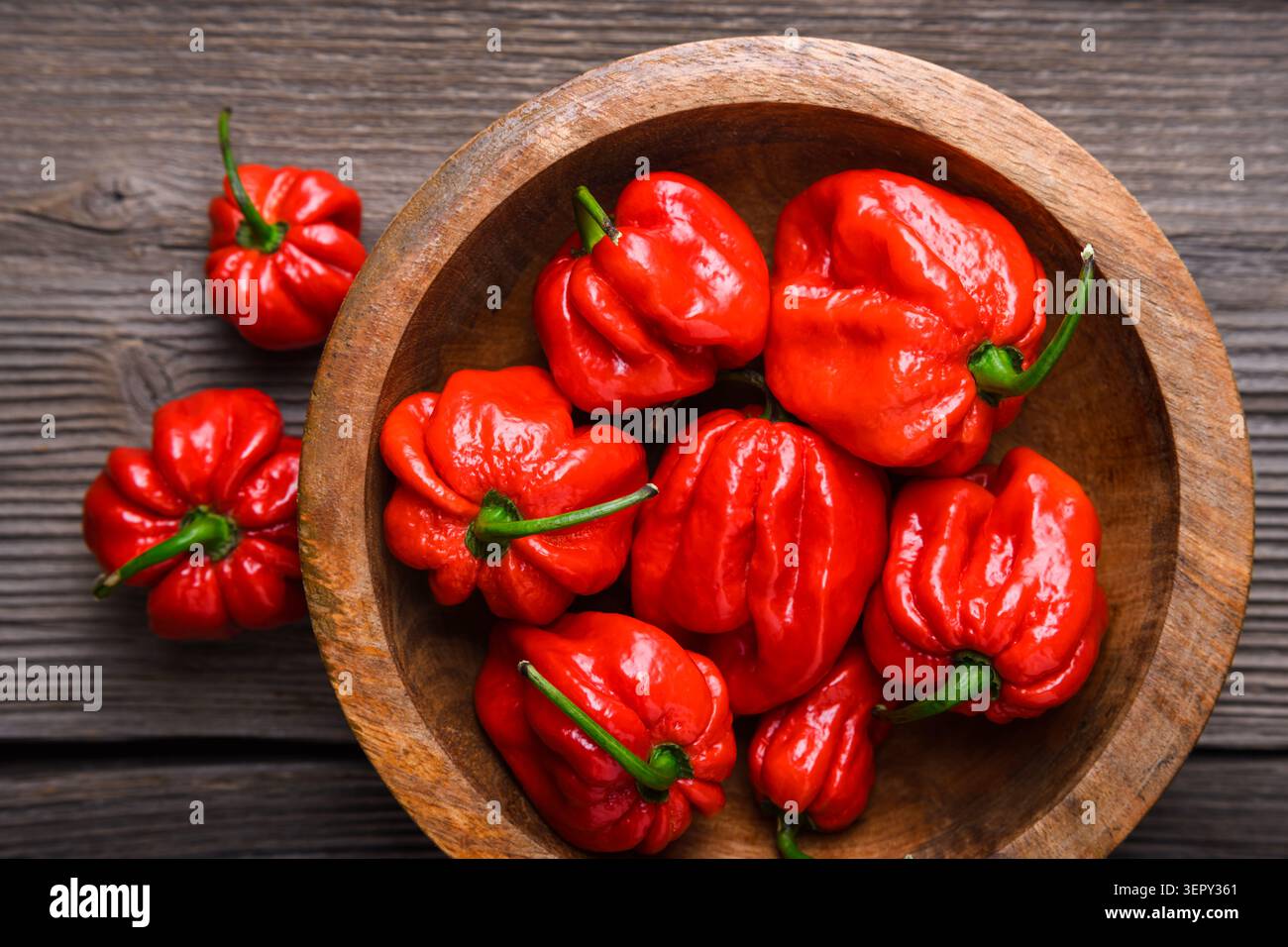 Ciotola in legno ripiena di peperoni habanero rossi con pochi pezzi intorno. Cialde di peperoncino fresco, stile rustico Foto Stock