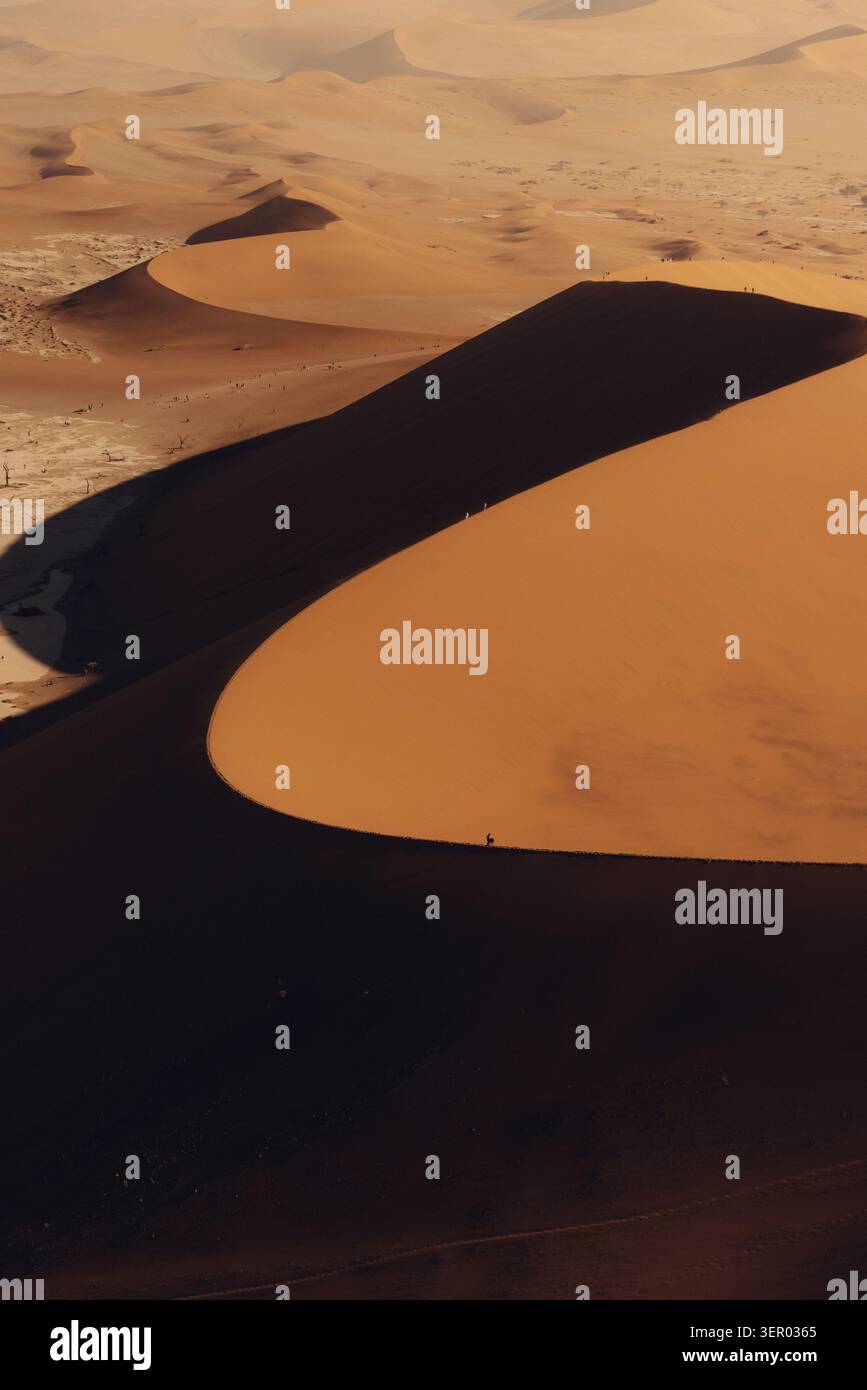 Alba su dune di sabbia giganti a Sossusvlei, Namibia Foto Stock