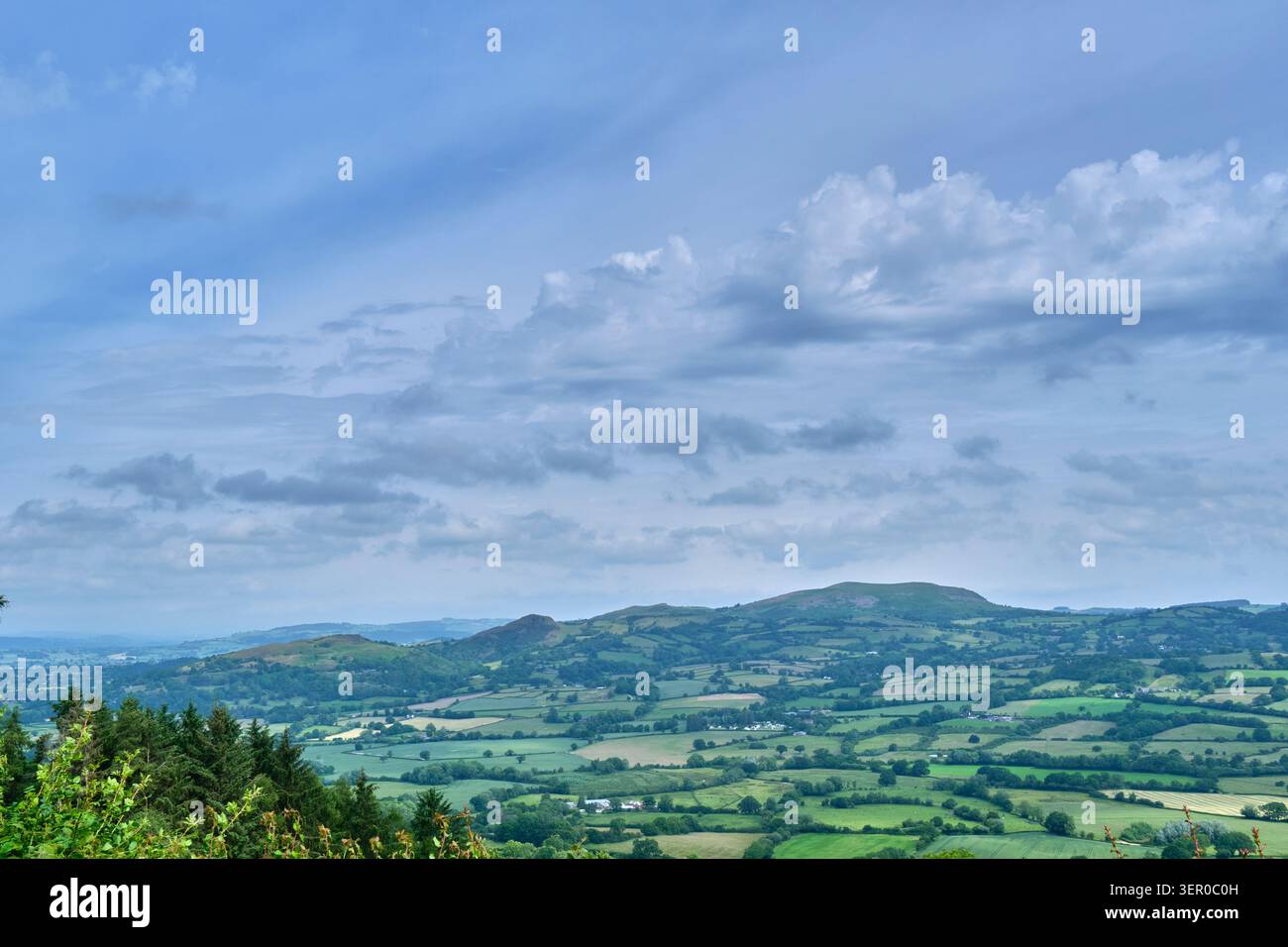 Corndon Hill e la Camlad Valley vicino al Bishop's Castle, nello Shropshire Foto Stock