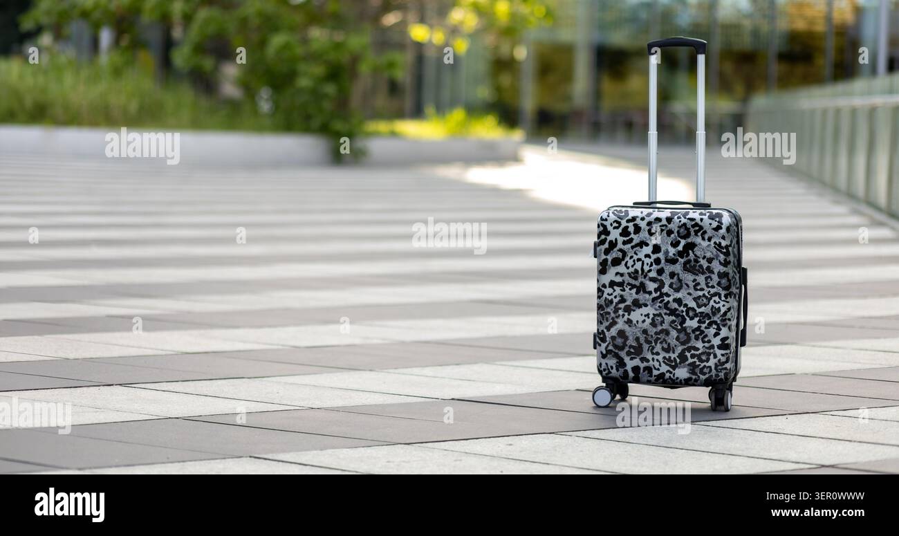 Una valigia con stampa leopardata si erge da sola sul marciapiede vicino a un edificio moderno. L'ambiente e' luminoso e ci sono piante verdi nella ba Foto Stock