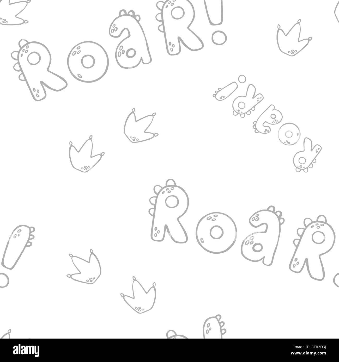 Modello di dinosauro con scritta ruggente e spaghetti sull'impronta su sfondo bianco. Design disegnato a mano adatto per tessuti, abbigliamento per bambini, cancelleria, Foto Stock