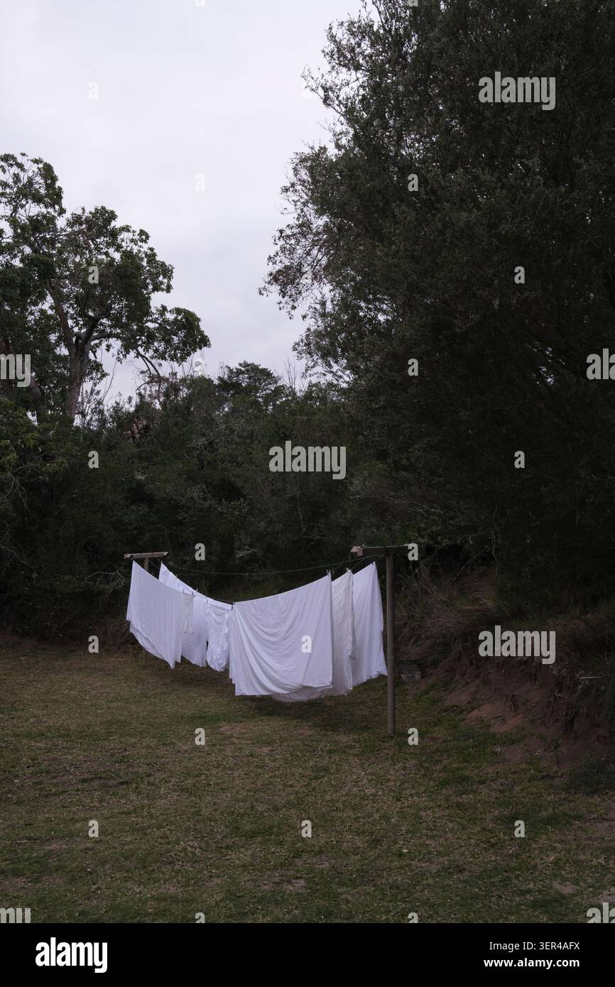 Foto cupa e inquietante di biancheria bianca in lino che si asciuga su una corda da bucato all'aperto con alberi e un cielo nuvoloso. Foto Stock