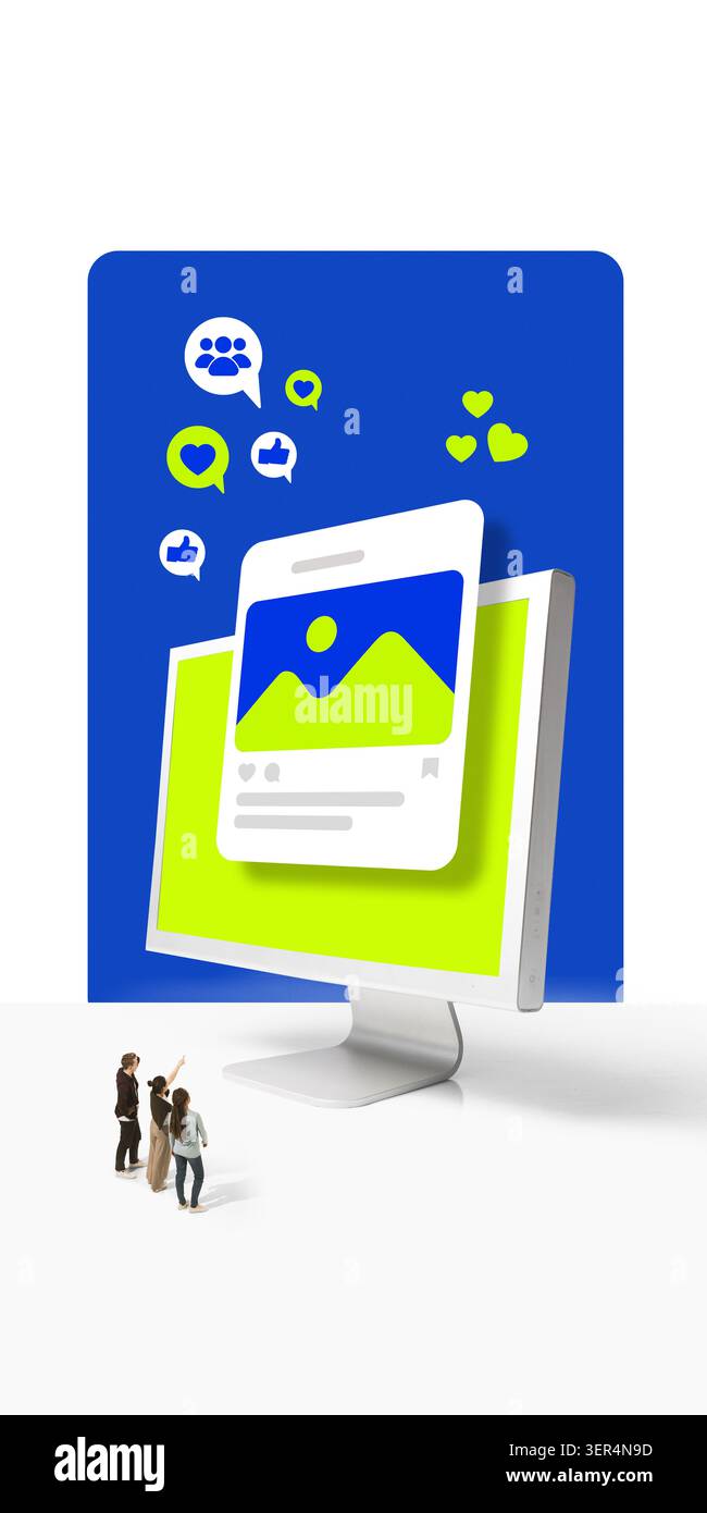 Campagna di coinvolgimento sui social media visualizzata sul monitor desktop. Foto Stock