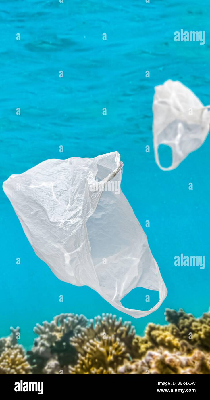 I sacchetti di plastica di gruppo si spostano nell'oceano azzurro come risultato dell'inquinamento umano su una barriera corallina. (Questa borsa è stata raccolta e portata fuori dall'oceano) Foto Stock