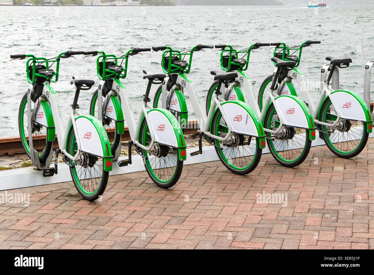 Fila di biciclette verdi e bianche a noleggio parcheggiate alla stazione Bergen Bysykkel vicino all'acqua a Bergen, Norvegia Foto Stock