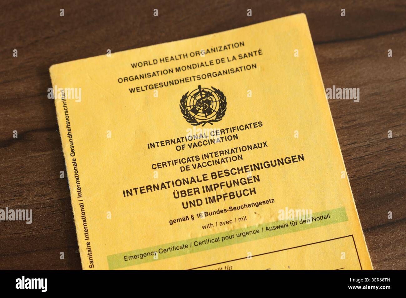 I certificati internazionali DELL'OMS DI vaccinazione documentano in primo piano. Documento ufficiale dell'Organizzazione Mondiale della Sanità su un tavolo oscuro. Foto Stock