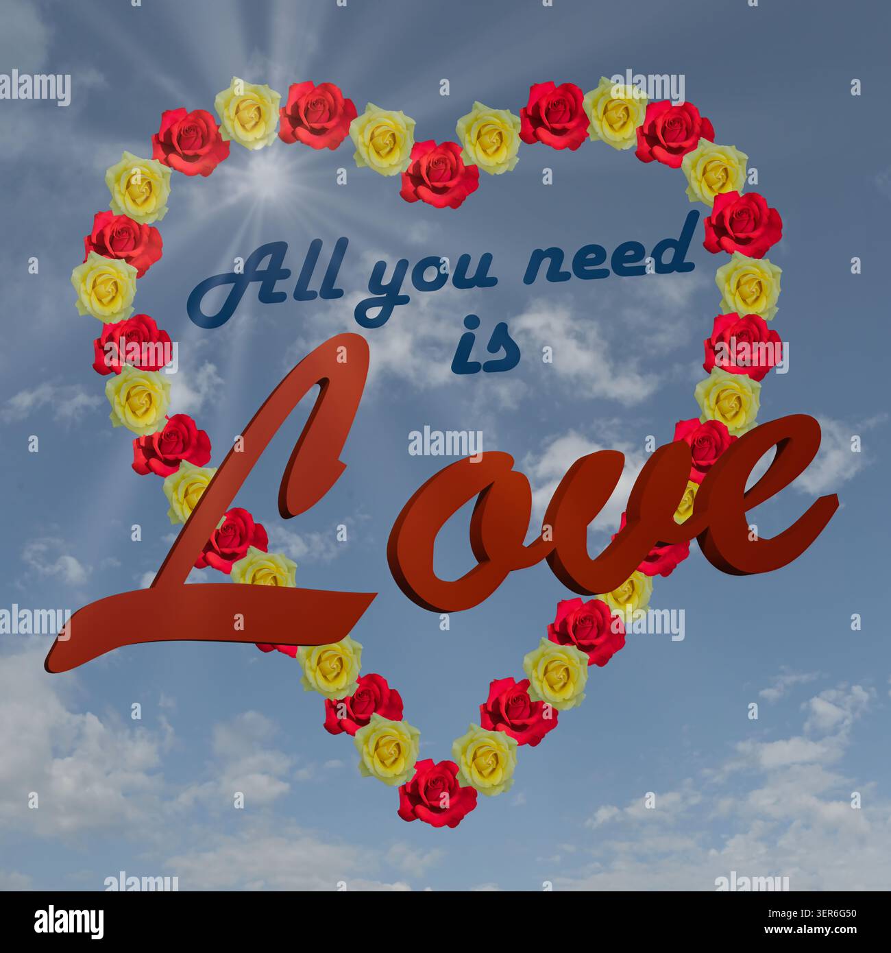 Carta d'amore. Rosa gialla e rossa sullo sfondo del cielo forma la parola amore con le lettere Foto Stock
