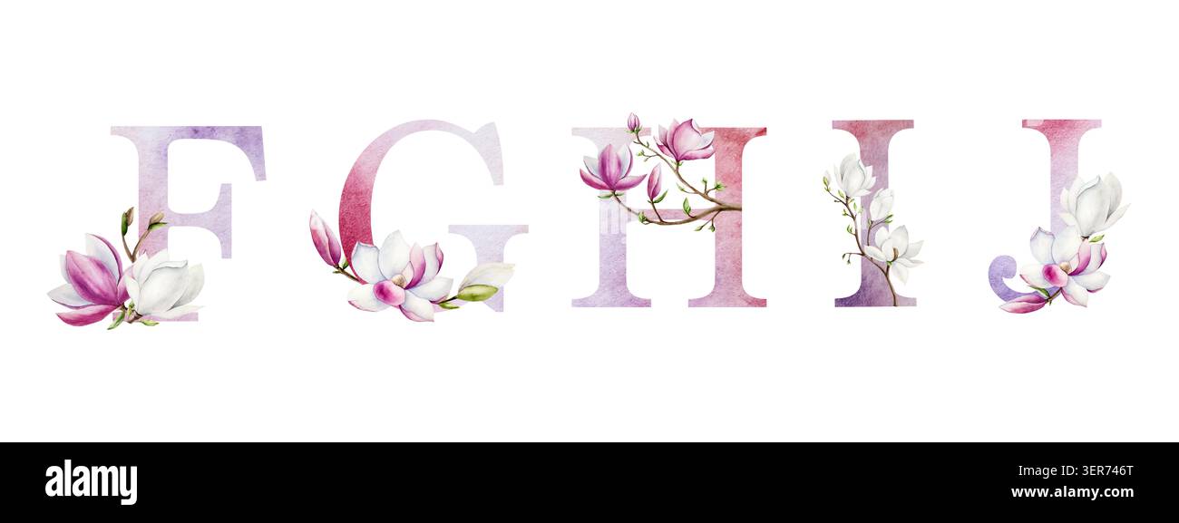 Lettere F, G, H, i, J con rami di magnolia, fiori di alberi rosa e bianchi. Illustrazione dell'alfabeto della molla disegnata a mano ad acquerello isolata sullo sfondo Foto Stock