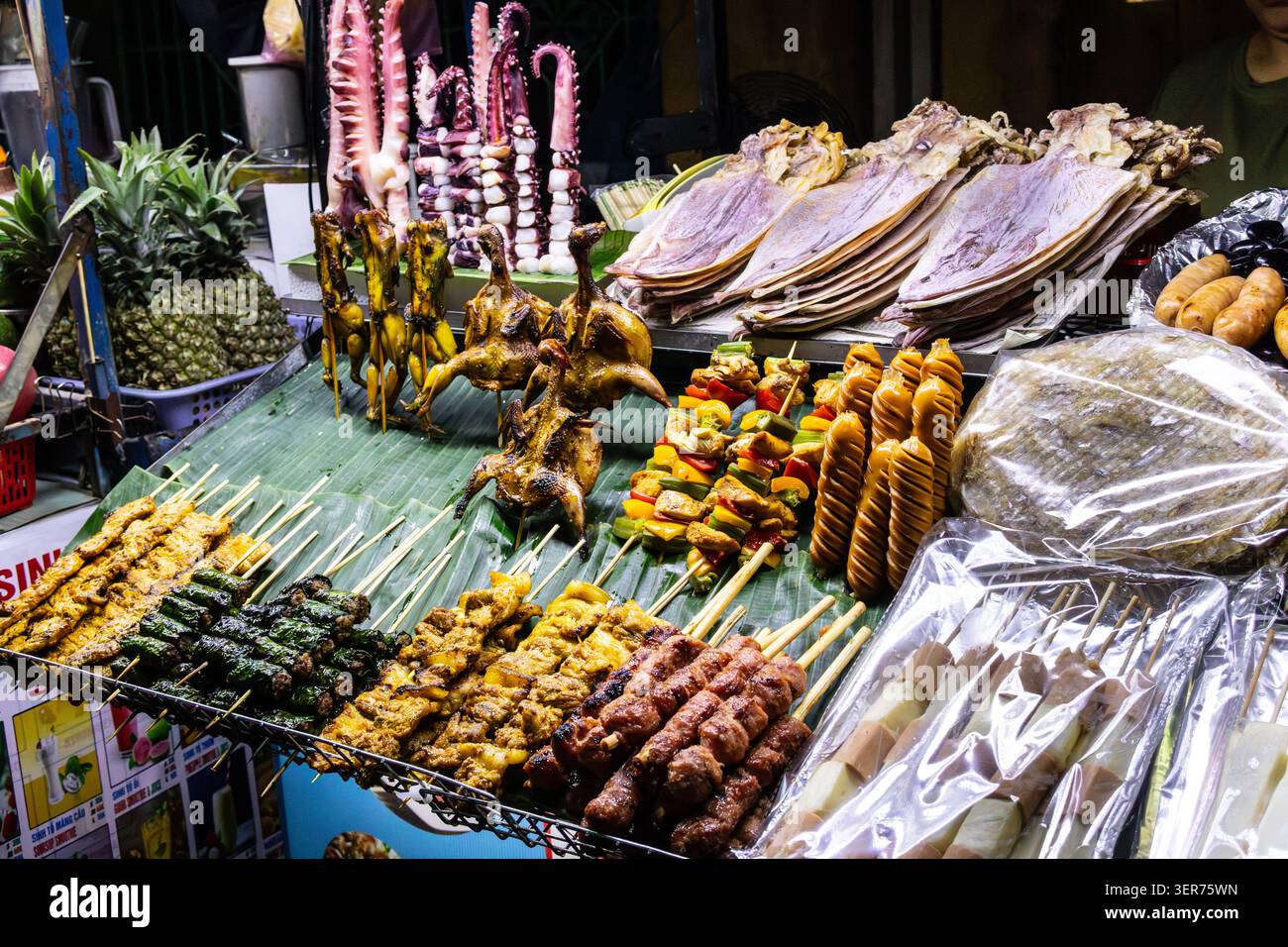 Kebab vietnamiti anatre e pesce essiccato in mostra nel mercato ho An Vietnam Foto Stock