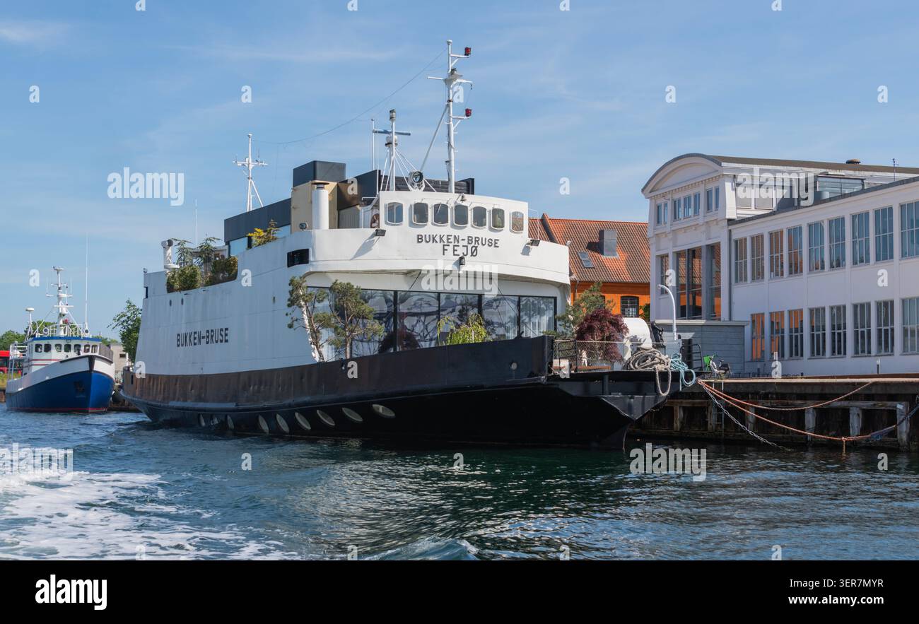La casa galleggiante Bukken-Bruse ormeggiava il porto interno di Copenaghen, ex traghetto per auto, ora residenza privata Foto Stock