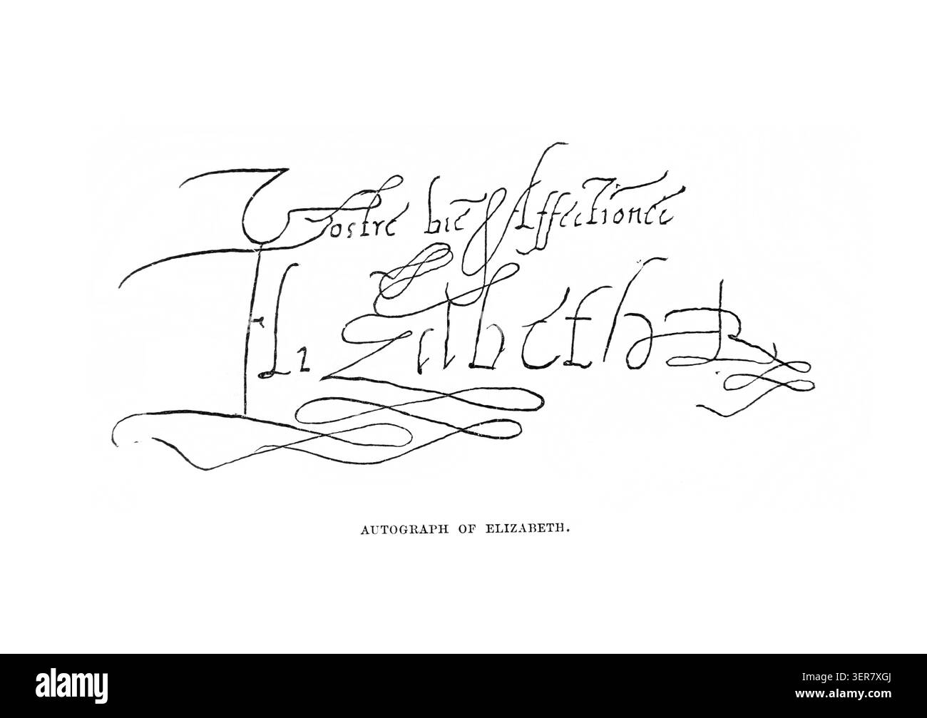 Autografo della regina Elisabetta i da un libro di storia del XIX secolo Cassell's History of England Special Edition volume II di A.W.Cowan Foto Stock