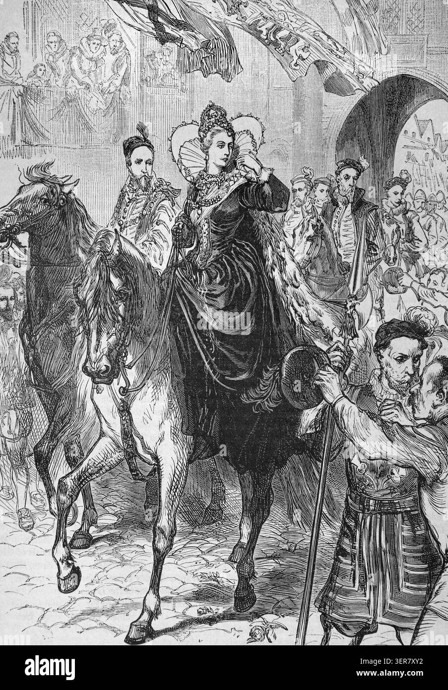 Incisione dell'entrata pubblica della regina Elisabetta a Londra il 23 novembre 1558 da un libro di storia del XIX secolo Cassell's History of England Specia Foto Stock