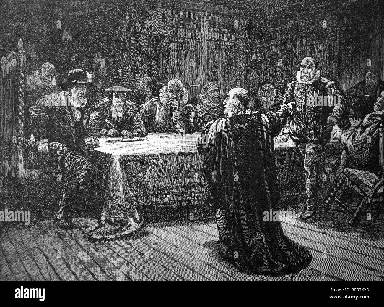 Incisione del capitano James Stuart il conte di Arran che accusa il reggente di Scozia James Douglas IV conte di Morton per l'omicidio di Lord Darnley Mary Q Foto Stock