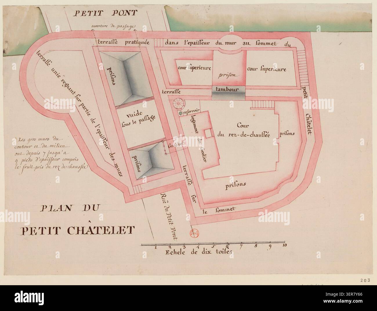 Un piano manoscritto registra il Petit Châtelet a Parigi vicino al Petit Pont, presentando la sua funzione di porta fortificata e prigione che controlla l'accesso attraverso la Senna all'interno di infrastrutture difensive e giudiziarie urbane del XVII secolo. Foto Stock