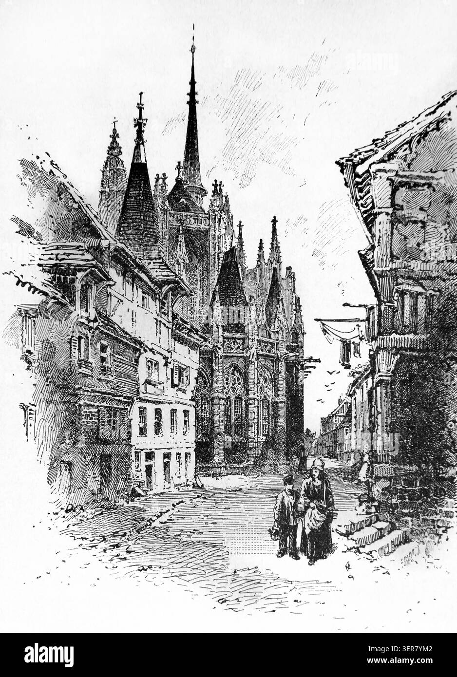 Incisione di Notre Dame a Caudebec Normandia di Herbert Railton tratta da un libro di storia del XIX secolo Cassell's History of England Edizione speciale Volume I Foto Stock
