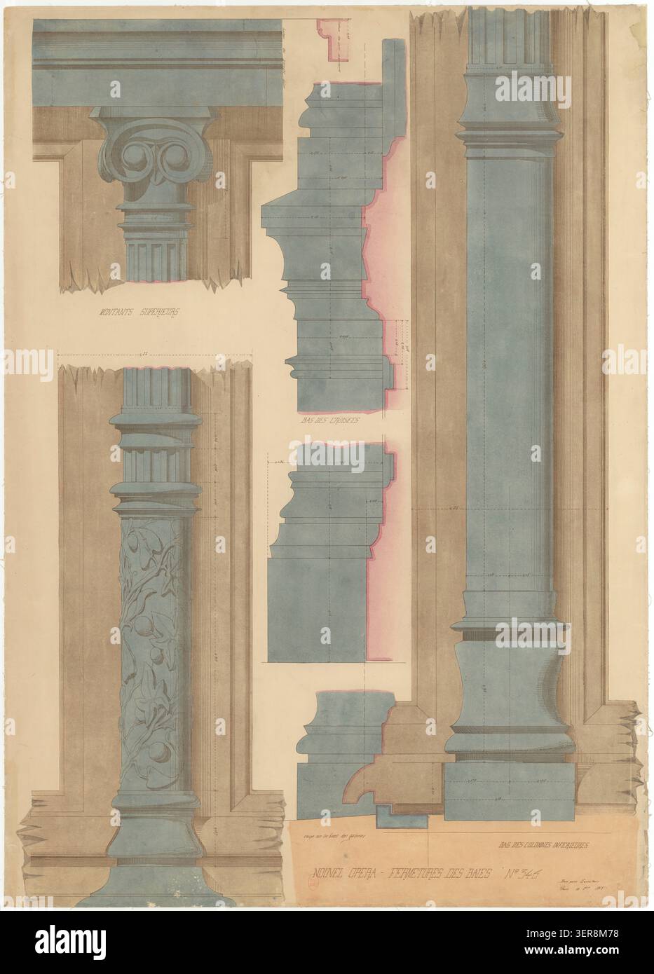 La chiusura delle baie nella sezione galleria presenta il trattamento strutturale di aperture, basi di colonne e supporti superiori all'interno dell'architettura del teatro dell'opera di Parigi progettata da Charles Garnier nel 1865, concentrandosi sull'articolazione della facciata e sul sistema di gallerie strutturali interne del teatro del secondo Impero Foto Stock