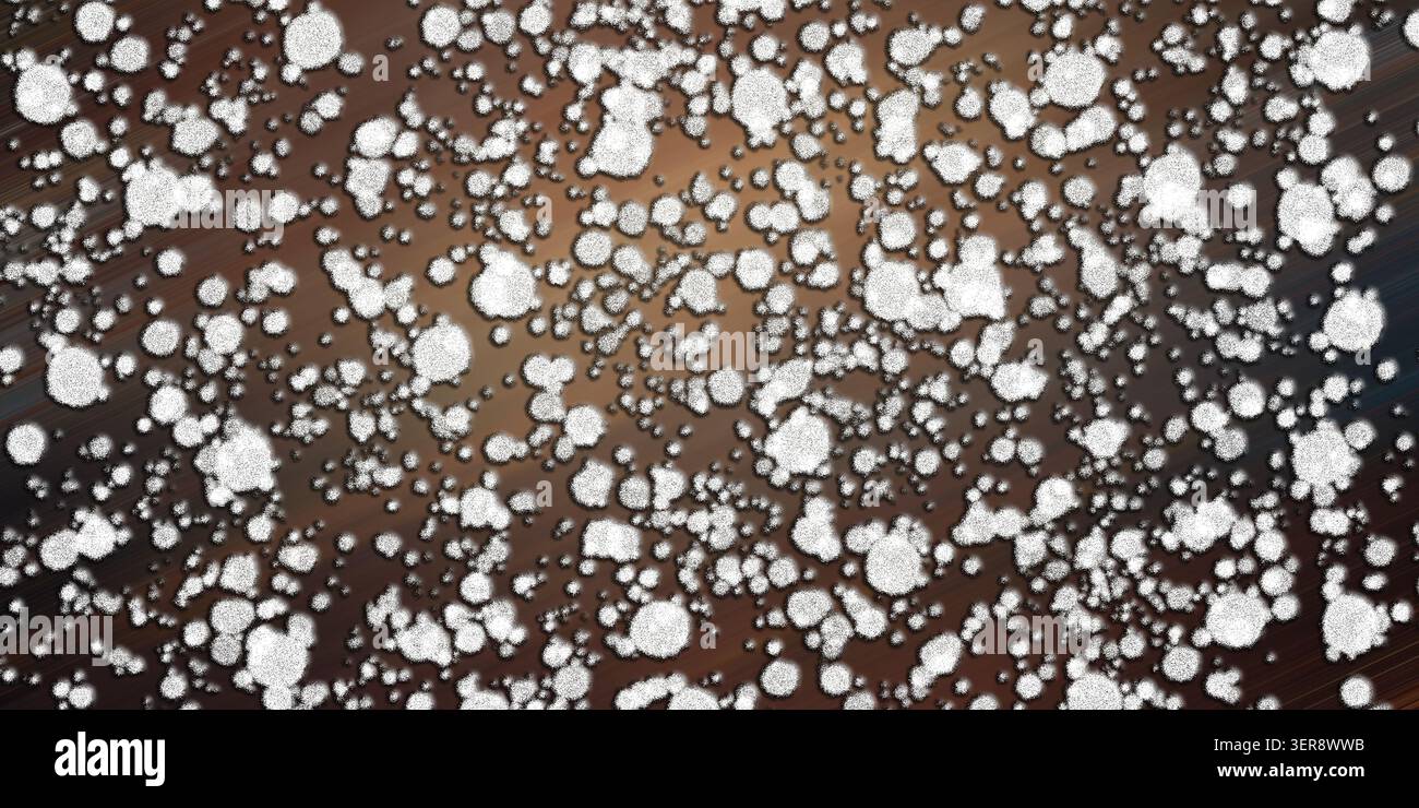 Uno sfondo artistico astratto caratterizzato da numerose particelle circolari bianche, testurizzate sparse su uno sfondo sfumato marrone scuro e bronzo. Foto Stock