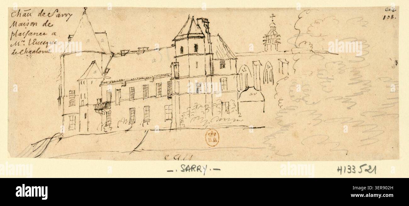Un disegno documenta il Château de Sarry, descritto come la residenza di piacere del vescovo di Châlons. L'opera si concentra sul château a Sarry nell'area della Marna e sopravvive come studio architettonico di una tenuta ecclesiastica. Foto Stock