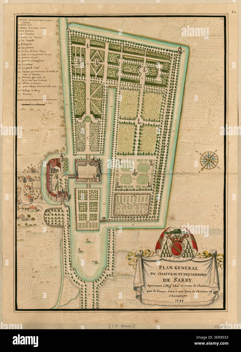 Il piano generale del castello di Sarry e dei suoi giardini nel 1693 registra la tenuta di Louis-Antoine de Noailles. Aiuole, appezzamenti di verdure, pappagalli, statue di giardini e canali sono disposti lungo i terreni vicino a Châlons-en-Champagne. Foto Stock
