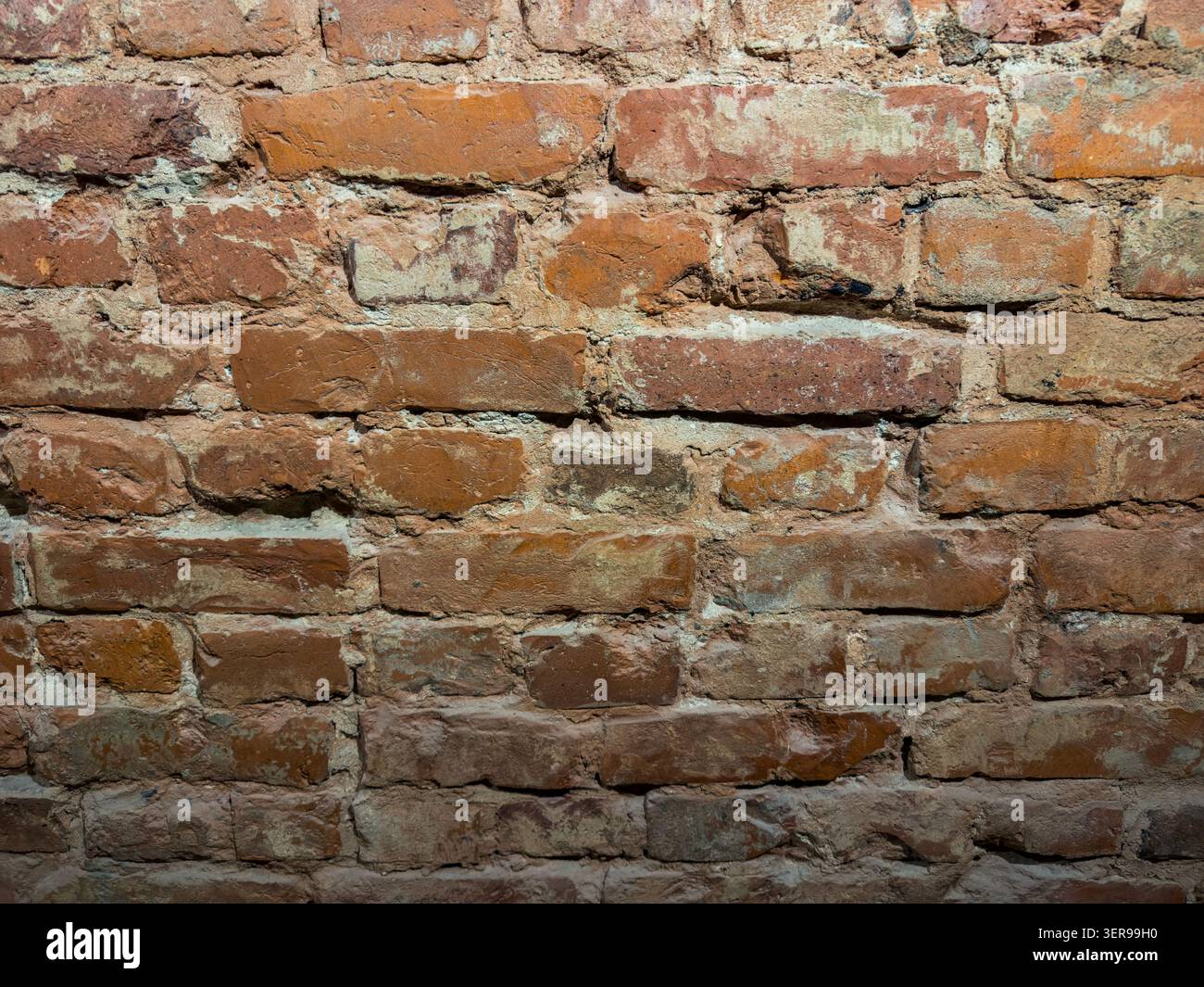Primo piano di una parete in mattoni rustici con Malta usurata e superfici irregolari, creando uno sfondo di texture vintage grintoso per design, architettura e renov Foto Stock