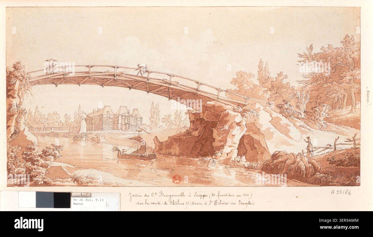 Un disegno datato 1800 mostra la tenuta del giardino del conte di Bougainville a Suisnes lungo un percorso tra Châlons-sur-Marne e Saint-Hilaire-au-Temple, presentando giardini paesaggistici con porte, corsi d'acqua e piccole barche a vela all'interno di un parco strutturato. Foto Stock