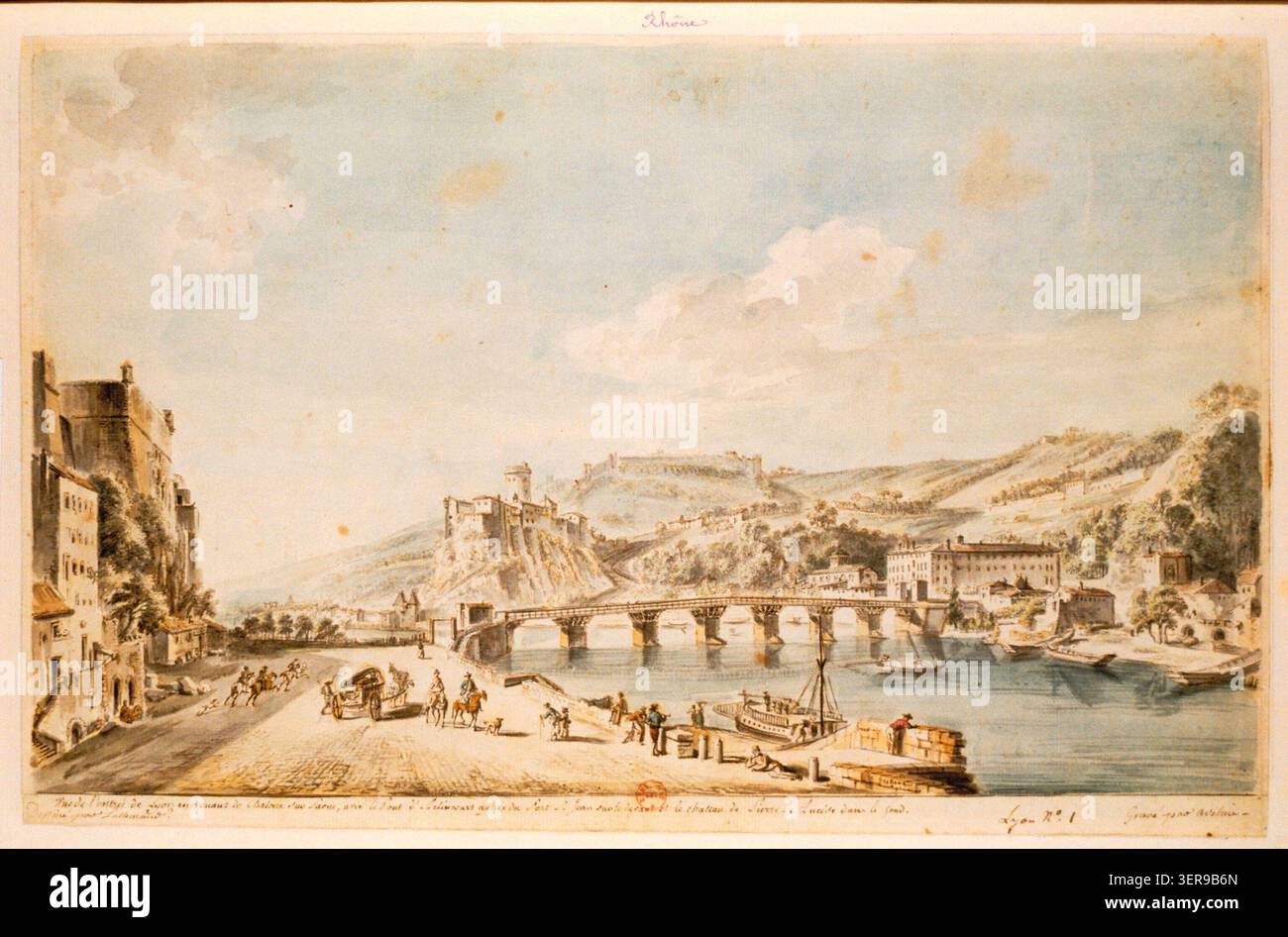 creatore sconosciuto, un disegno presenta l'avvicinamento a Lione dalla direzione di Châlons-sur-Saône, dove il ponte Arlincours attraversa il fiume vicino al porto di Saint-Jean in primo piano, mentre il Château de Pierre-Ancise si trova sulla lontana altezza che domina la valle del fiume Saône e le vie di accesso urbane Foto Stock