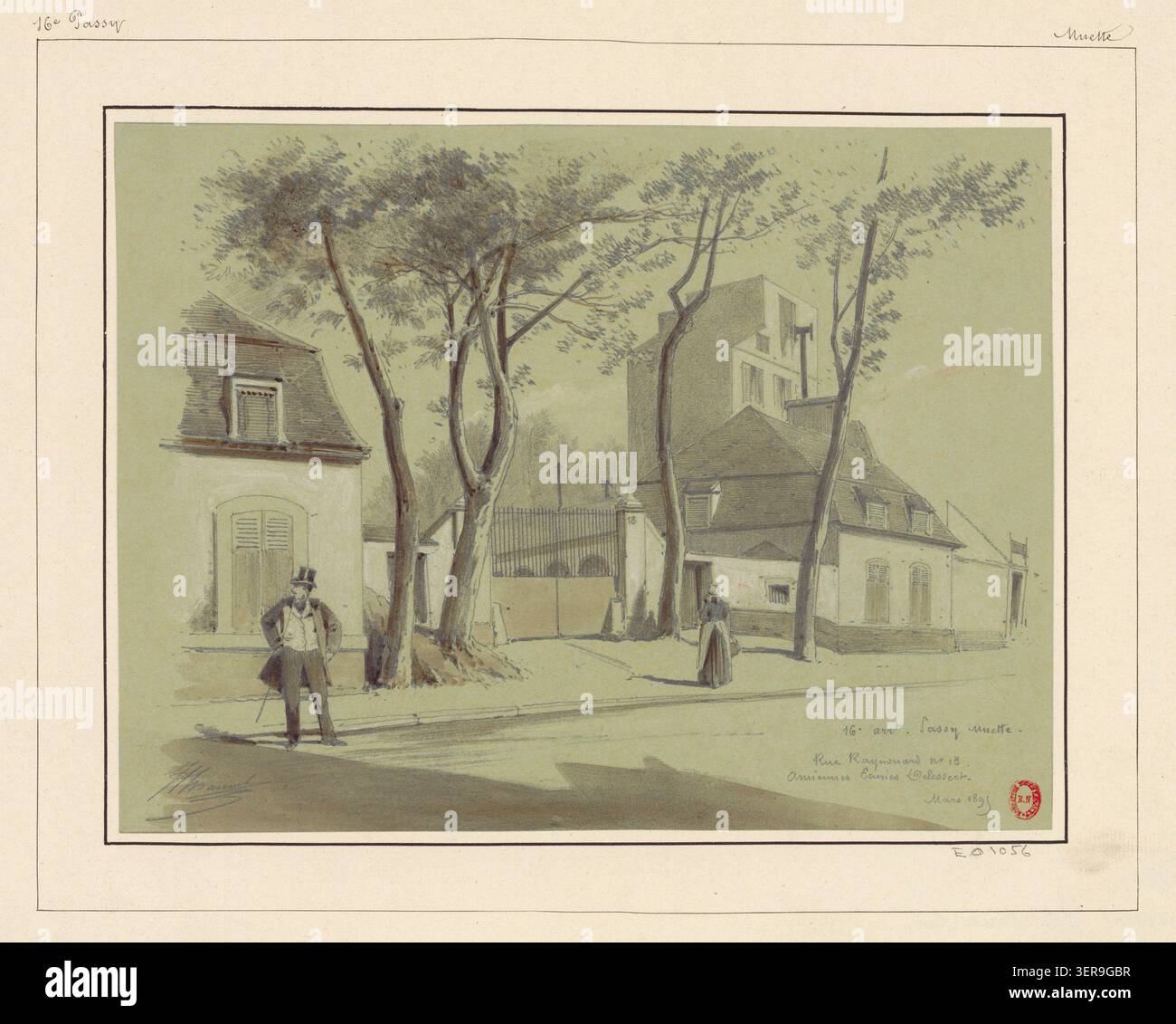 Chauvet registra le ex scuderie di M. Delessert al 18 di rue Raynouard a Parigi, documentando resti architettonici e strutture di corte all'interno del 16° arrondissement tessuto residenziale in un disegno del 1895. Foto Stock