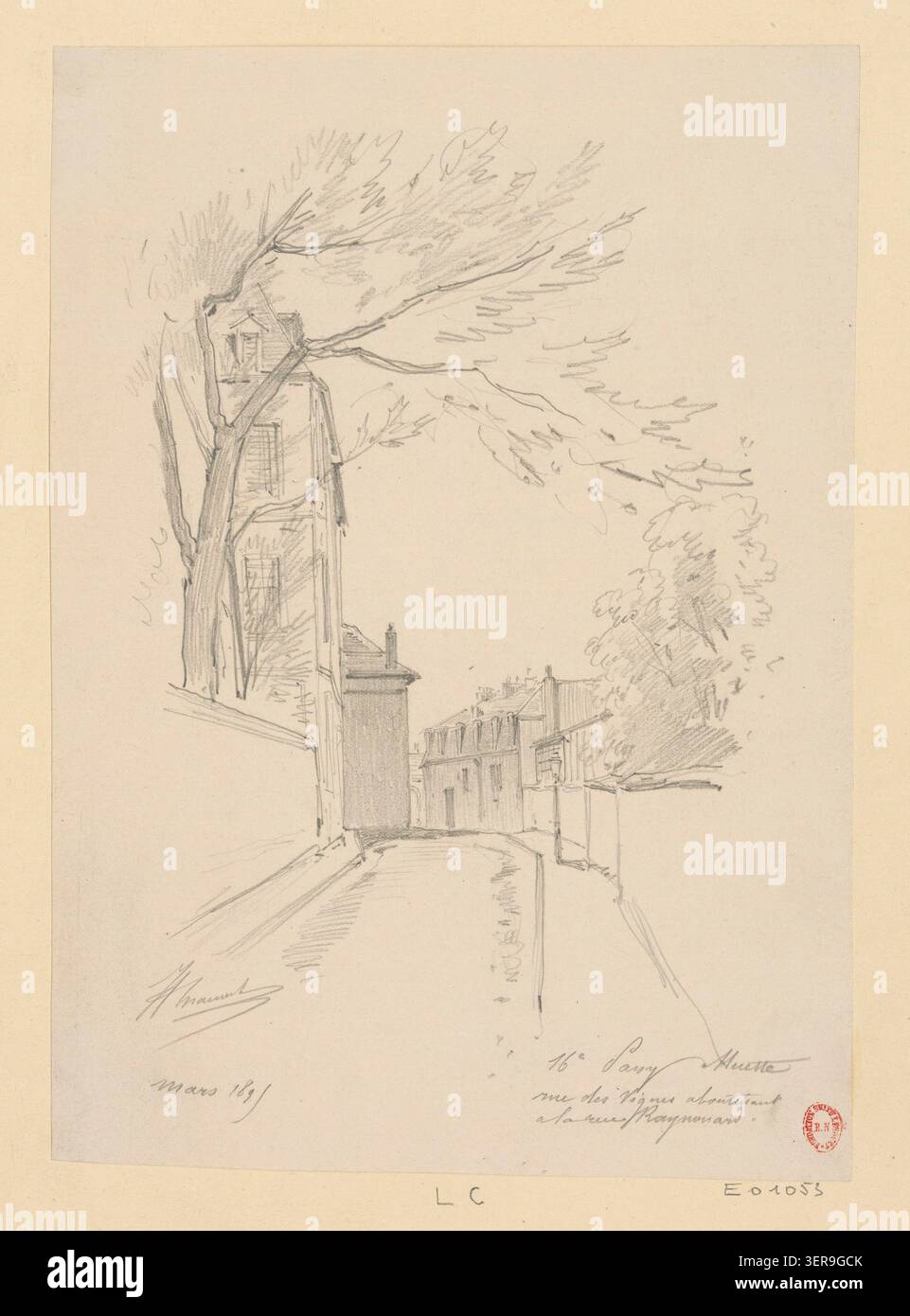 Un disegno mostra Rue des Vignes nel XVI arrondissement di Parigi che si collega a Rue Raynouard all'interno dell'area di Passy, documentando la disposizione delle strade residenziali della fine del XIX secolo e il contesto di sviluppo urbano di Parigi occidentale. Foto Stock