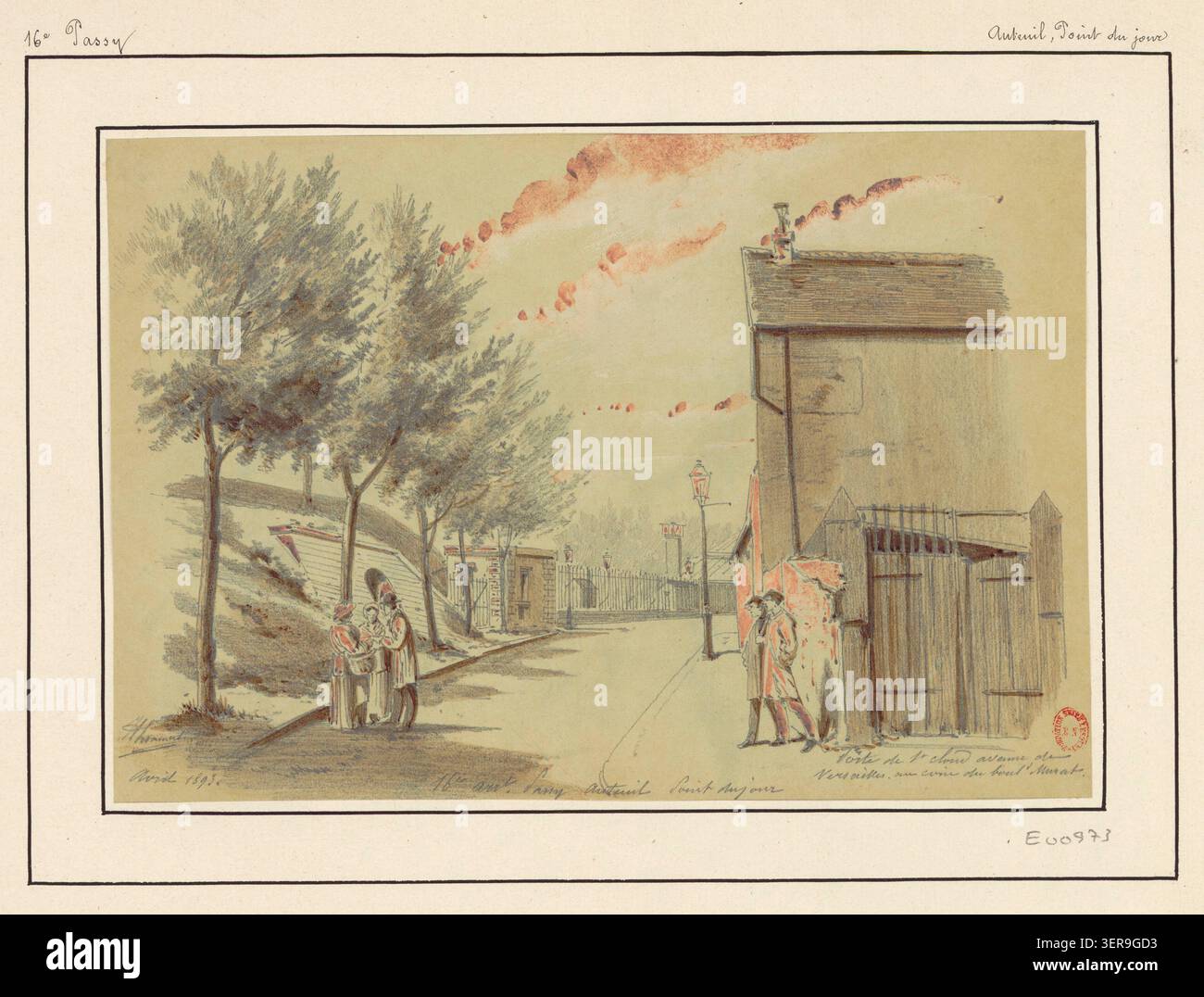 Il disegno di Jules-Adolphe Chauvet registra l'area porte de St Cloud all'incrocio tra avenue de Versailles, Rue le Marois e Boulevard Murat nel 16° arrondissement di Parigi, mostrando la convergenza stradale e i bordi degli edifici nel 1893. Foto Stock