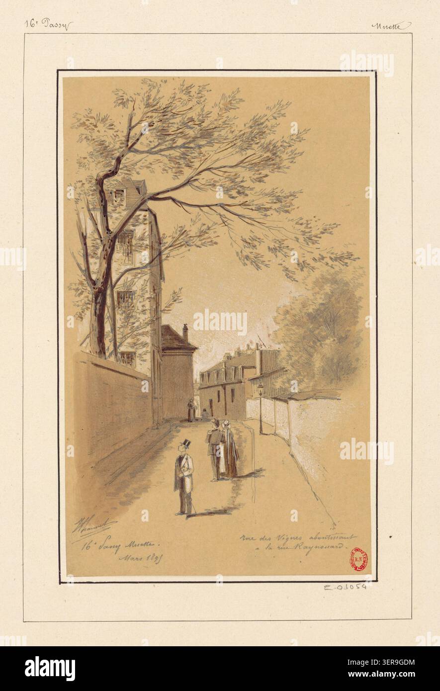 Jules-Adolphe Chauvet registra Rue des Vignes che conduce verso Rue Raynouard nel sedicesimo distretto di Parigi nel 1895, documentando le strade residenziali in collina, le facciate degli edifici e la connettività dei percorsi all'interno di Passy e Parigi occidentale. Il disegno riflette i modelli di circolazione della fine del diciannovesimo secolo e i collegamenti tra i distretti su terreni urbani in pendenza. Foto Stock