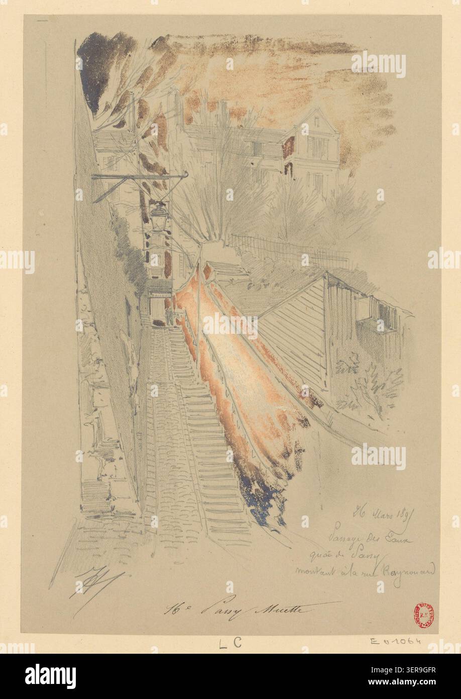 Il Passage des eaux a Quai de Passy registra un vialetto lungo il fiume del sedicesimo distretto di Parigi che sale verso Rue Raynouard nel 1895 disegnato da Jules-Adolphe Chauvet, che mostra un accesso pedonale in pendenza, circolazione adiacente al fiume e collegamento in collina che collega il livello della banchina alla rete stradale superiore. Foto Stock