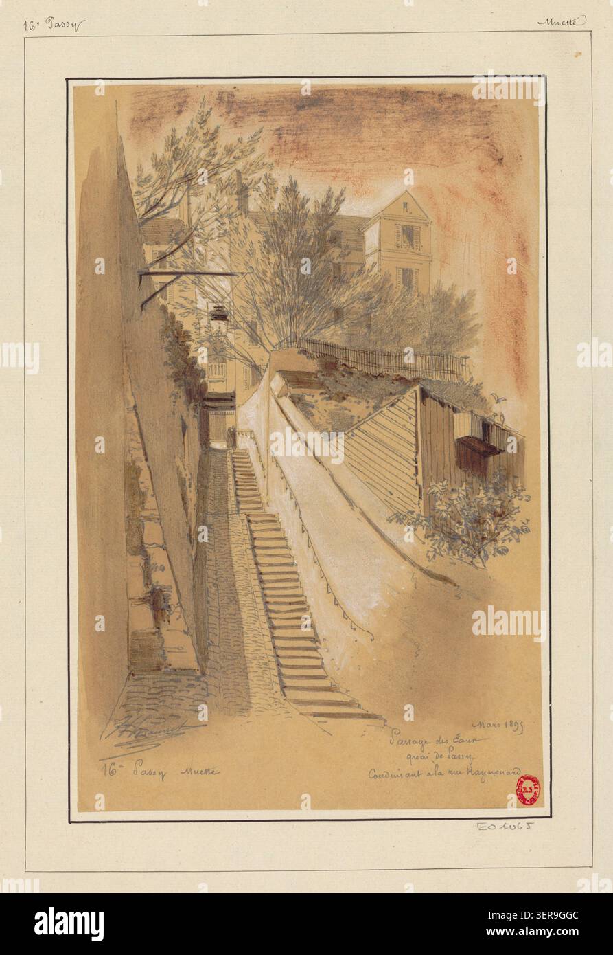 Chauvet produce un disegno del Passage des eaux sul Quai de Passy nel 16° arrondissement di Parigi che mostra un passaggio urbano che collega Rue Raynouard e riflette le rotte di movimento lungo il fiume e le strutture di accesso residenziale nel 1895 Foto Stock