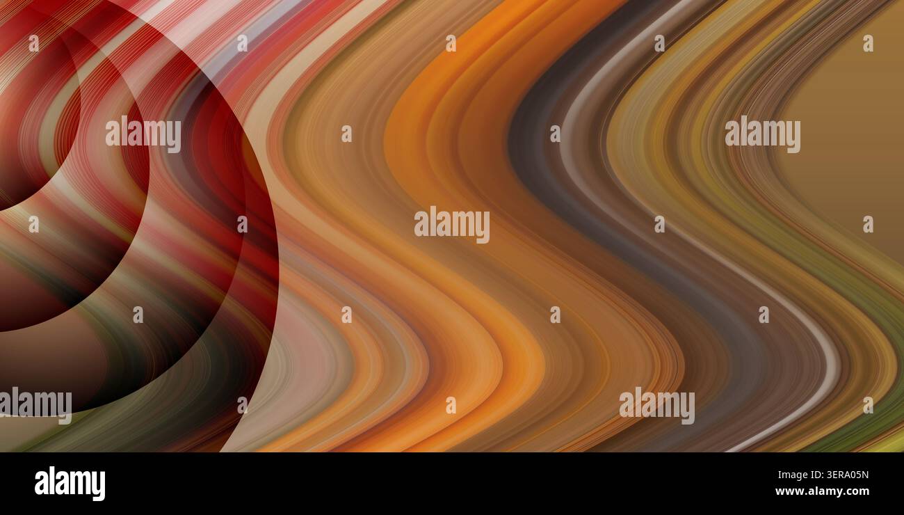 Una composizione astratta che mostra linee fluide e ondulate in tonalità calde di arancione, rosso e marrone, creando un senso di movimento ed energia. Foto Stock