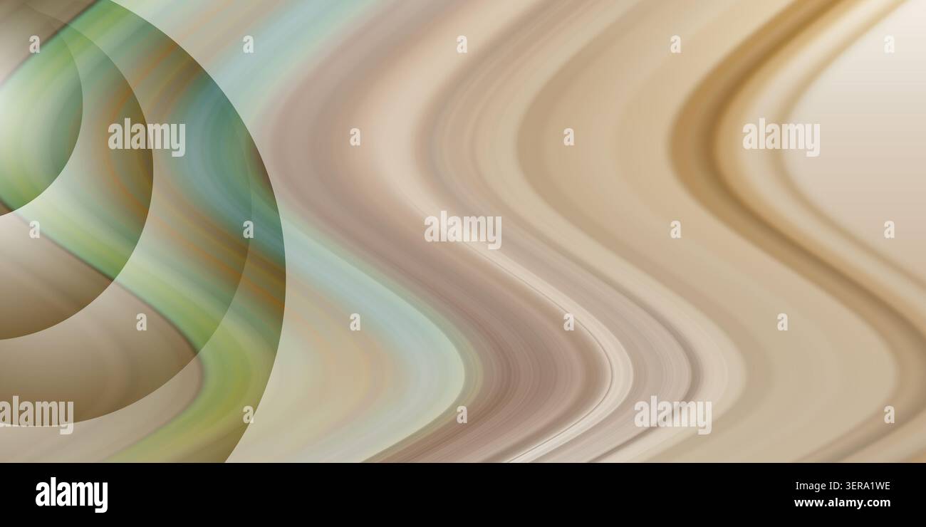 Un'elegante composizione astratta con onde morbide e fluide in tonalità beige neutre e abbronzate, caratterizzate da elementi circolari traslucidi a strati. Foto Stock